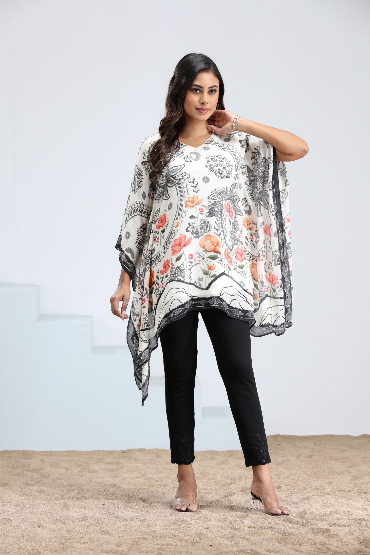 Trendy Cream Short Kaftan With Multicolor Floral Design image 3