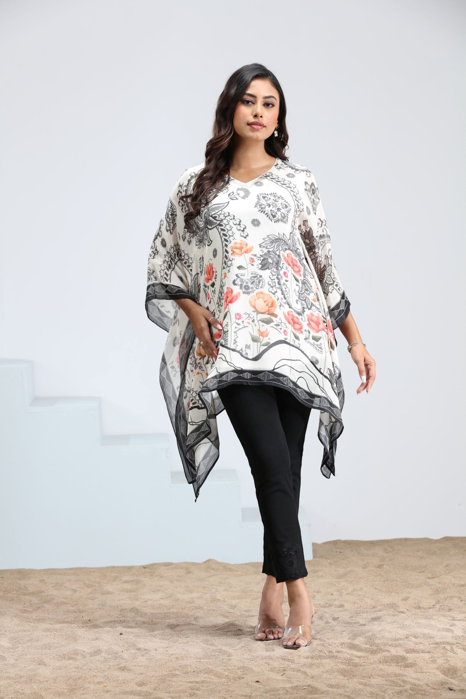 Trendy Cream Short Kaftan With Multicolor Floral Design image 5