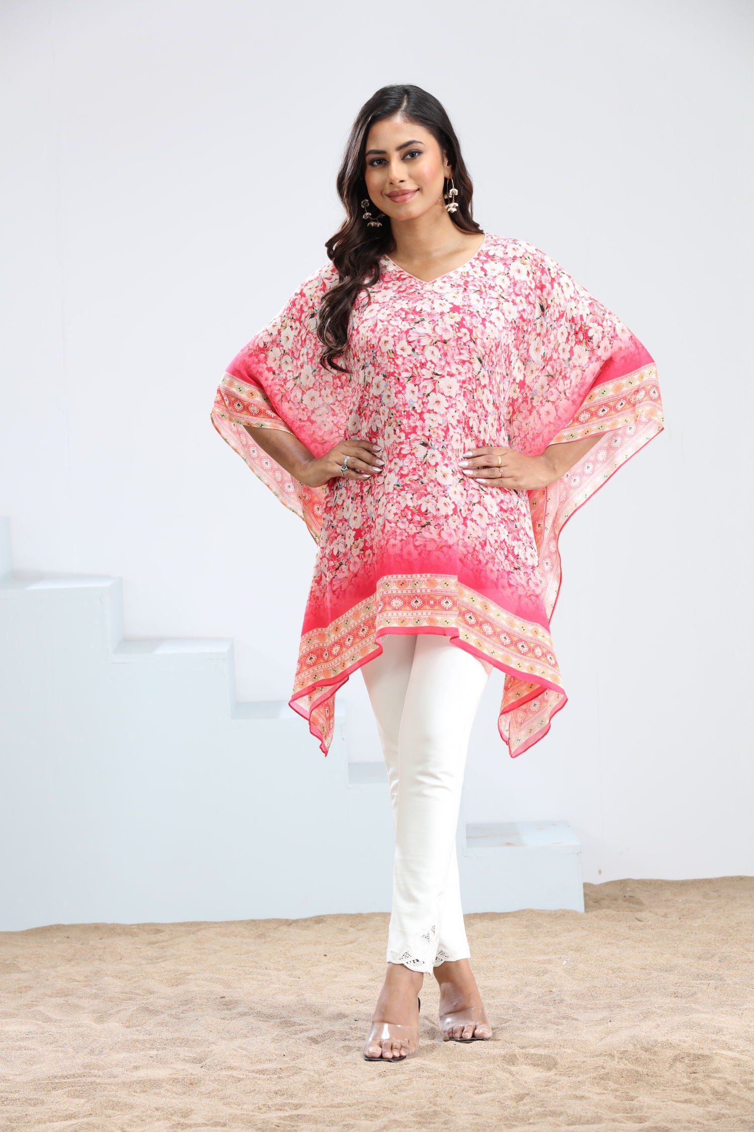 Alluring Pink Floral Short Kaftan image 3