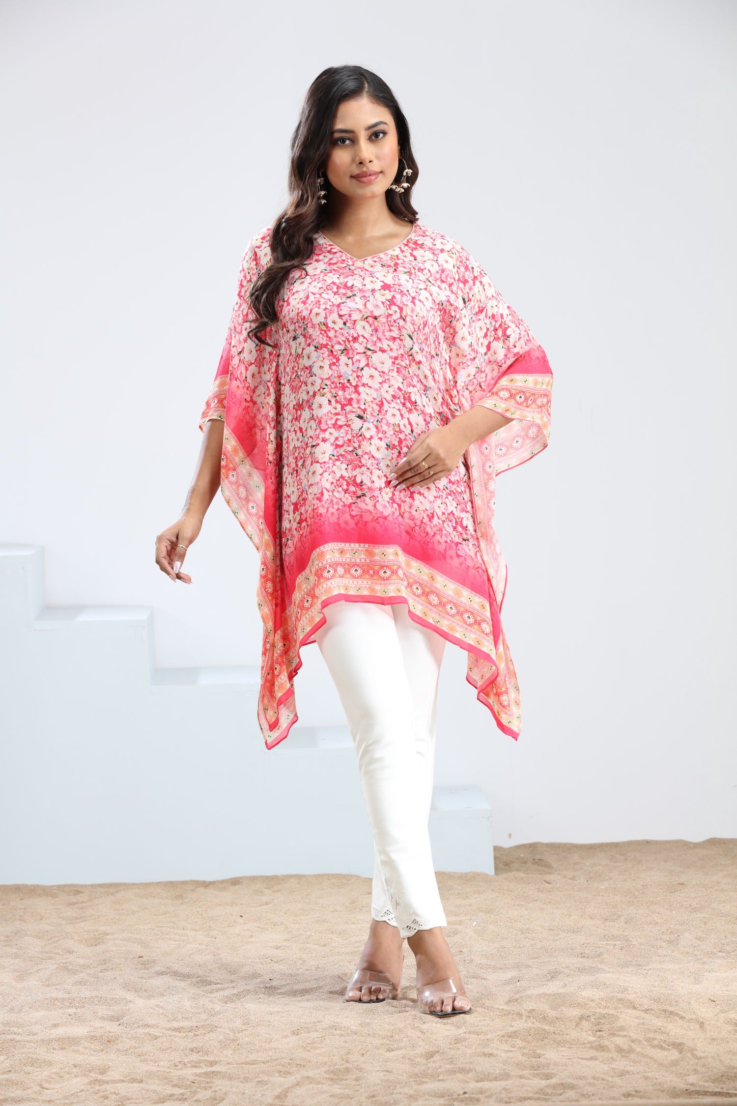 Alluring Pink Floral Short Kaftan image 5