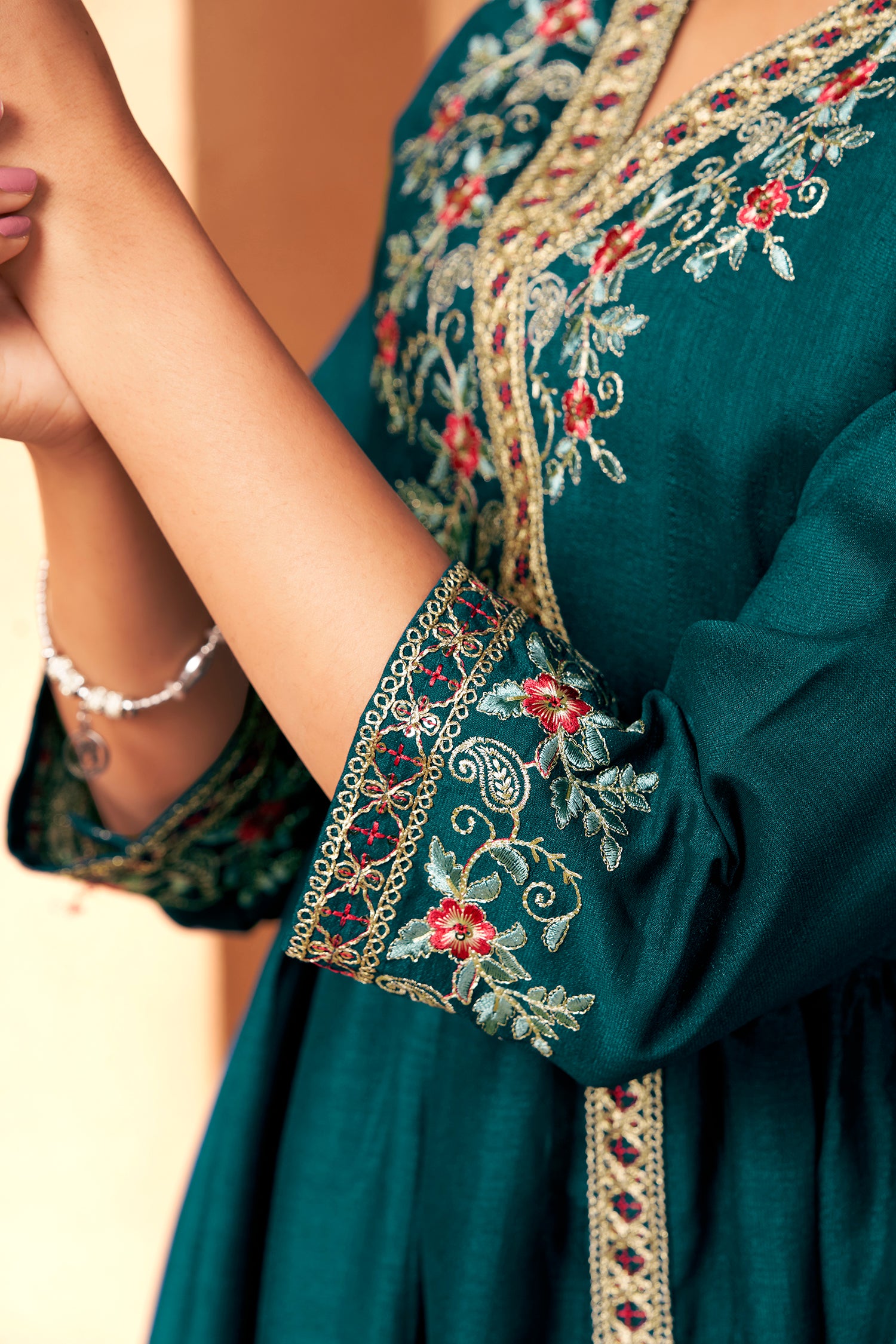 Teal Blue Embroidered Three- Piece Kurta Set In Chinon Fabric image 5