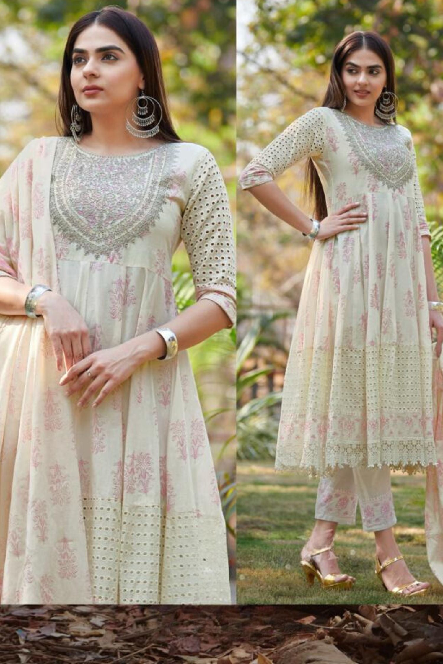Pure Cotton Floral Printed Panelled Thread Work Anarkali Trio Set-pink image 2