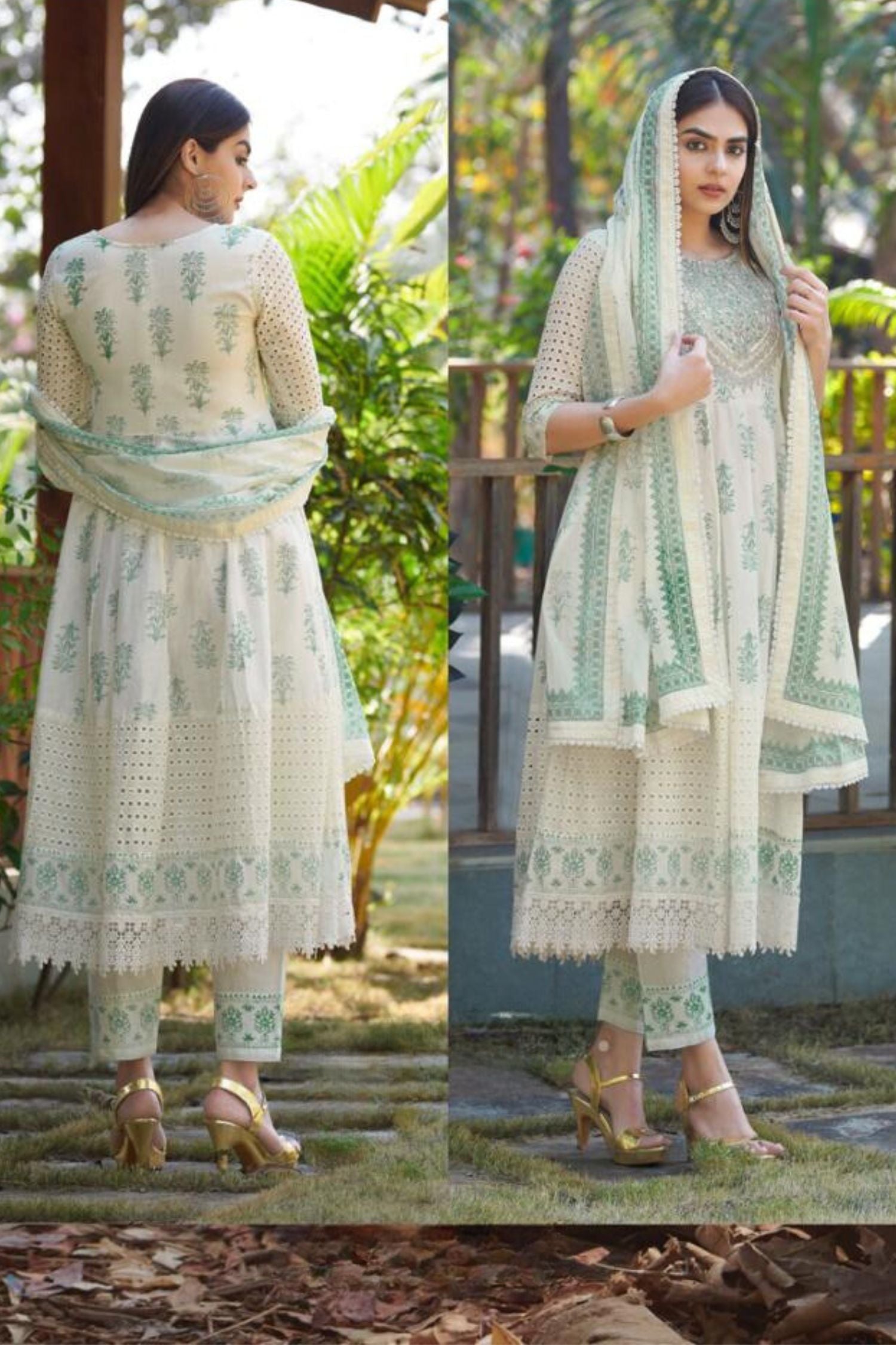 Pure Cotton Floral Printed Panelled Thread Work Anarkali Trio Set-pista Green image 2