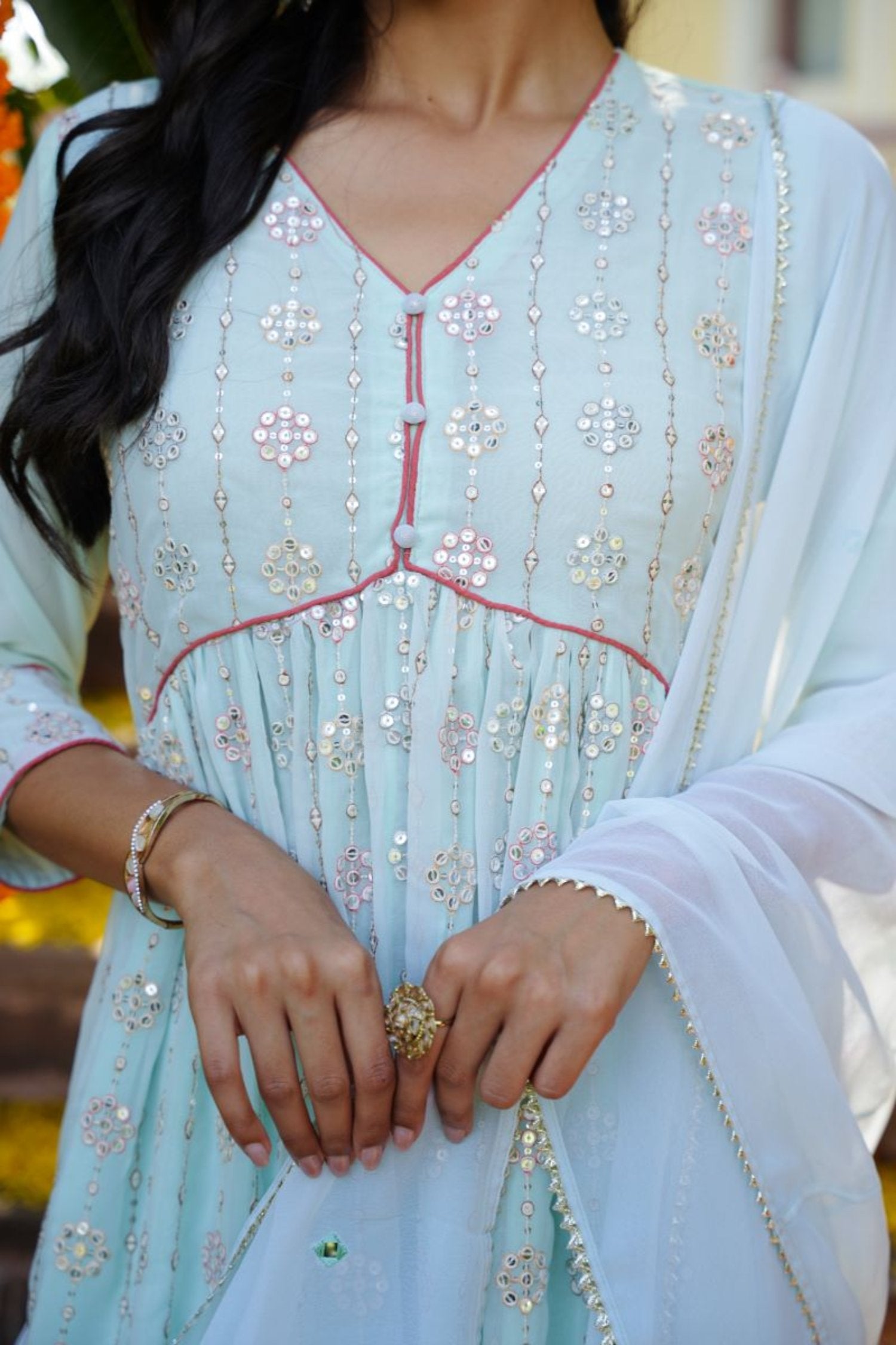 Alia Cut With Mirror Work - Light Green image 3