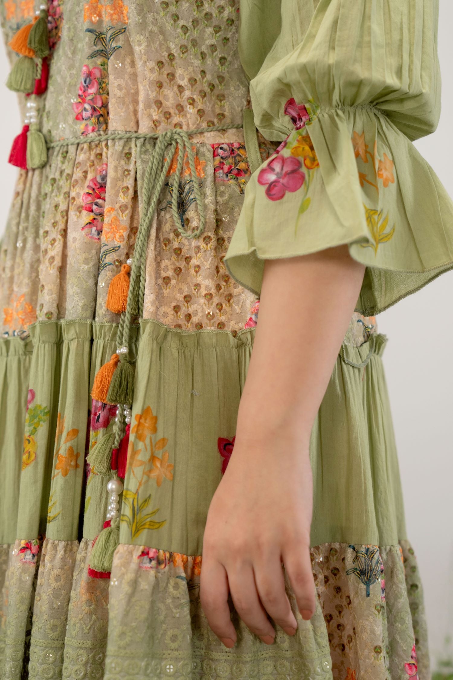 Freyaa Green Cotton Round-neck Tunic Top With Embroidery, Net Design, And Belt image 4