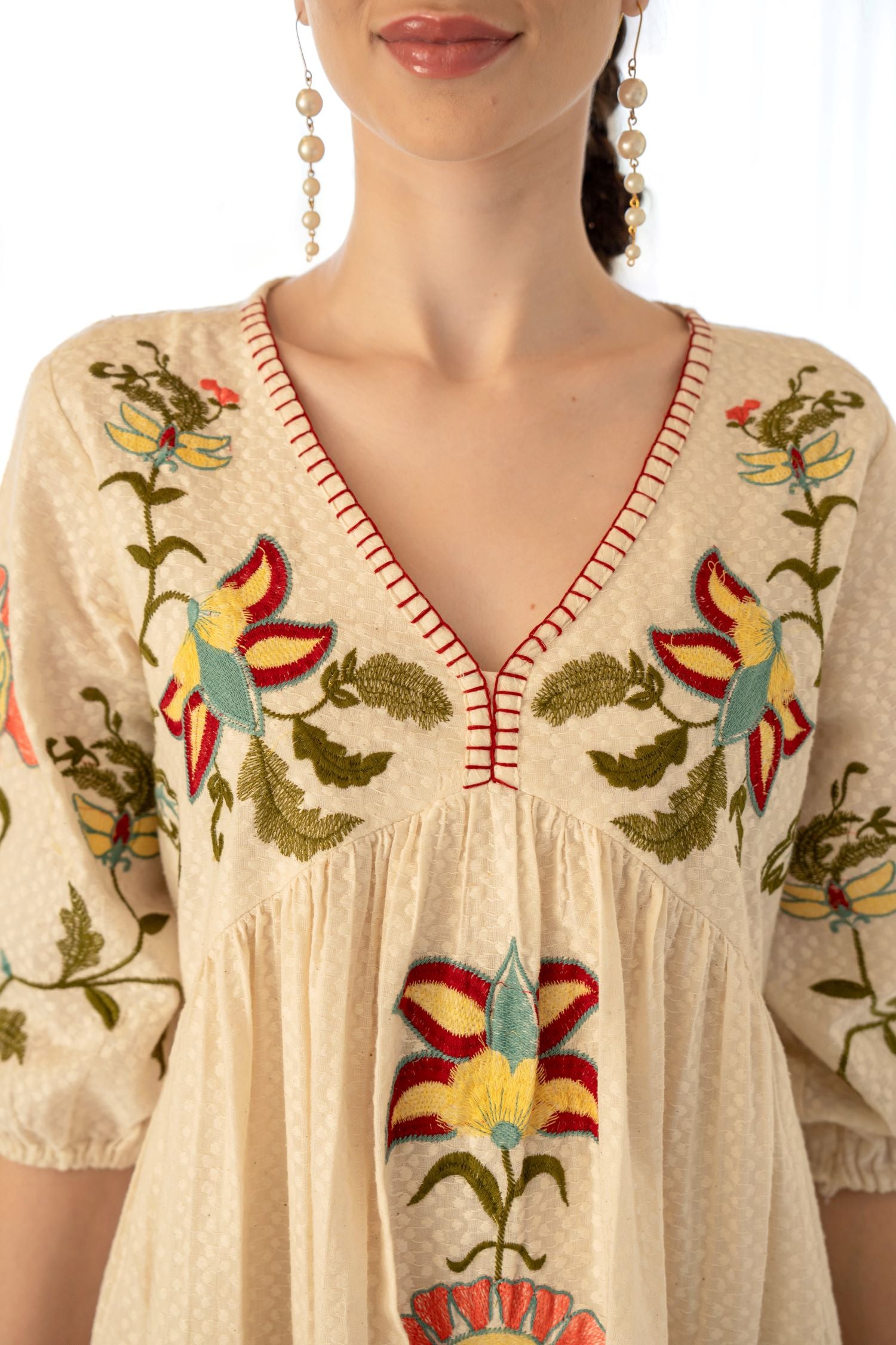 Freyaa Cream Cotton V-neck Tunic Top With Floral Embroidery And Self-design Fabric image 4