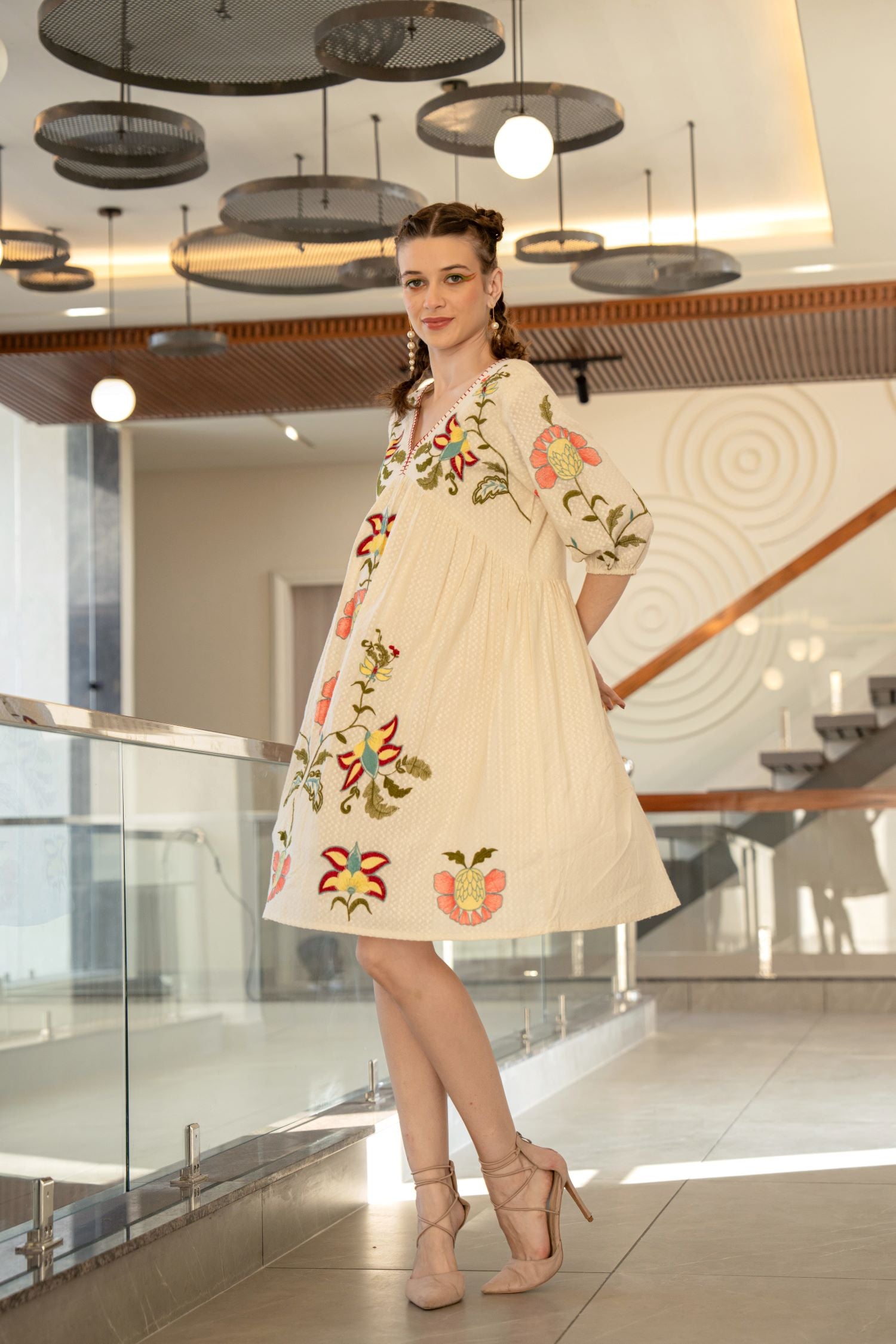 Freyaa Cream Cotton V-neck Tunic Top With Floral Embroidery And Self-design Fabric image 6