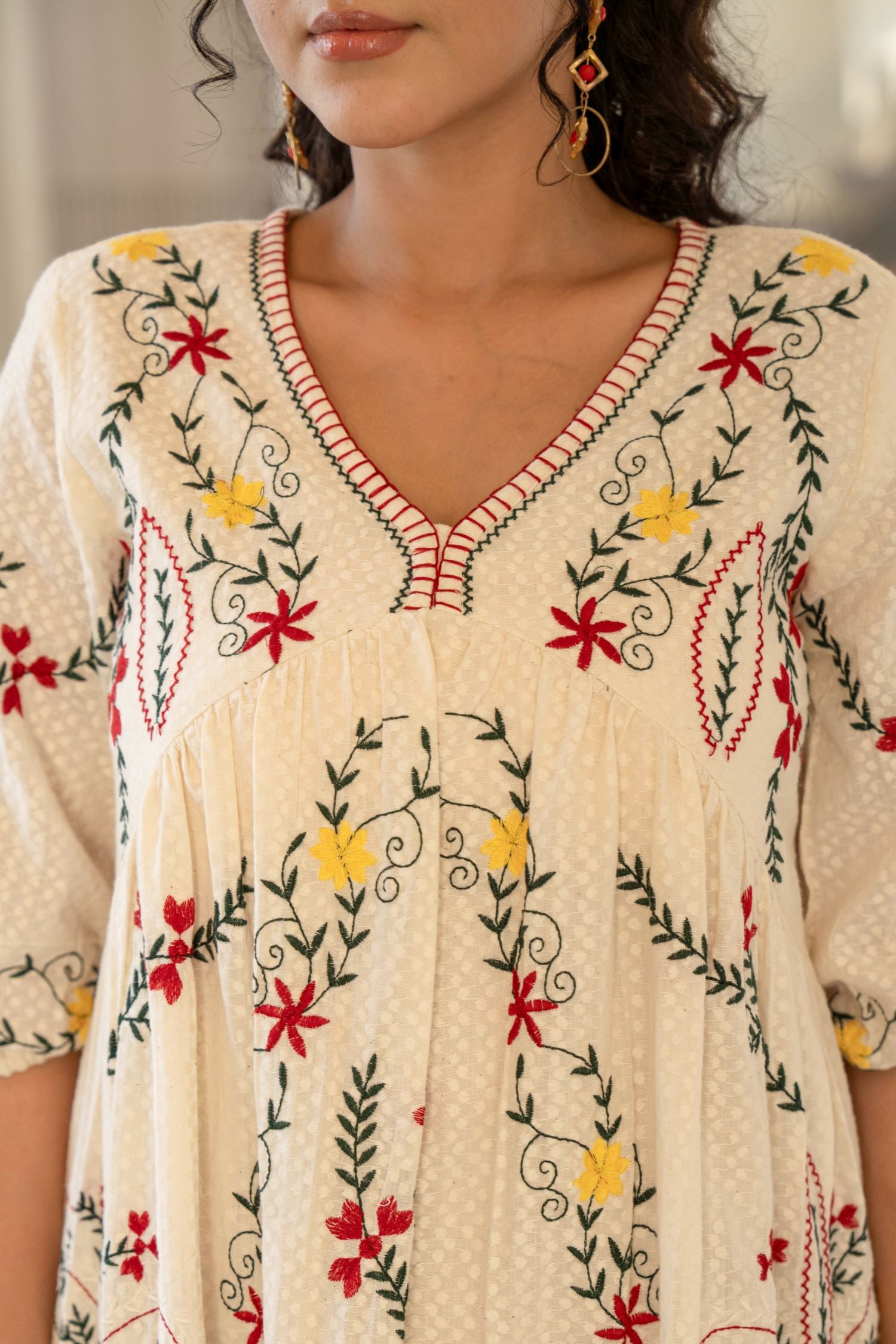 Freyaa Cream Cotton V-neck Tunic Top With Self-design Fabric And Embroidery image 4
