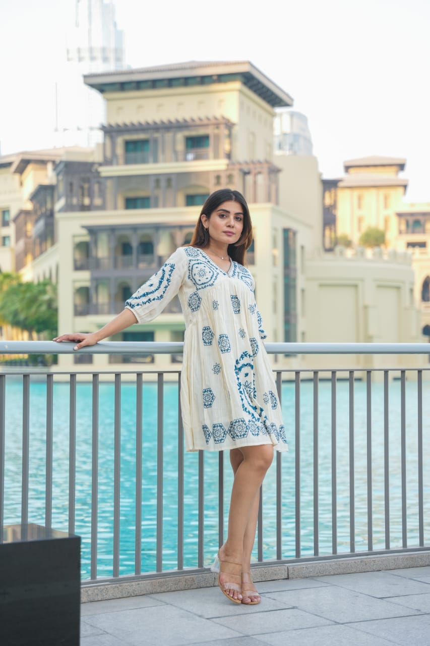Snow Blue: Blue Embroidered Short Tunic Dress image 4