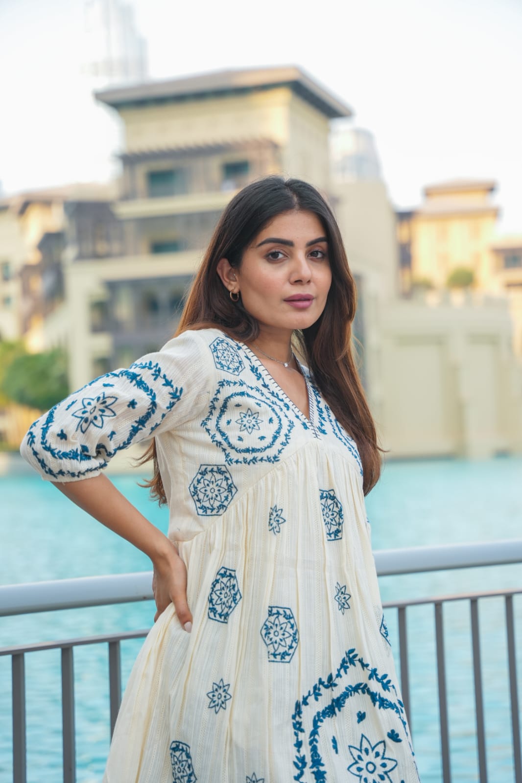 Snow Blue: Blue Embroidered Short Tunic Dress image 6