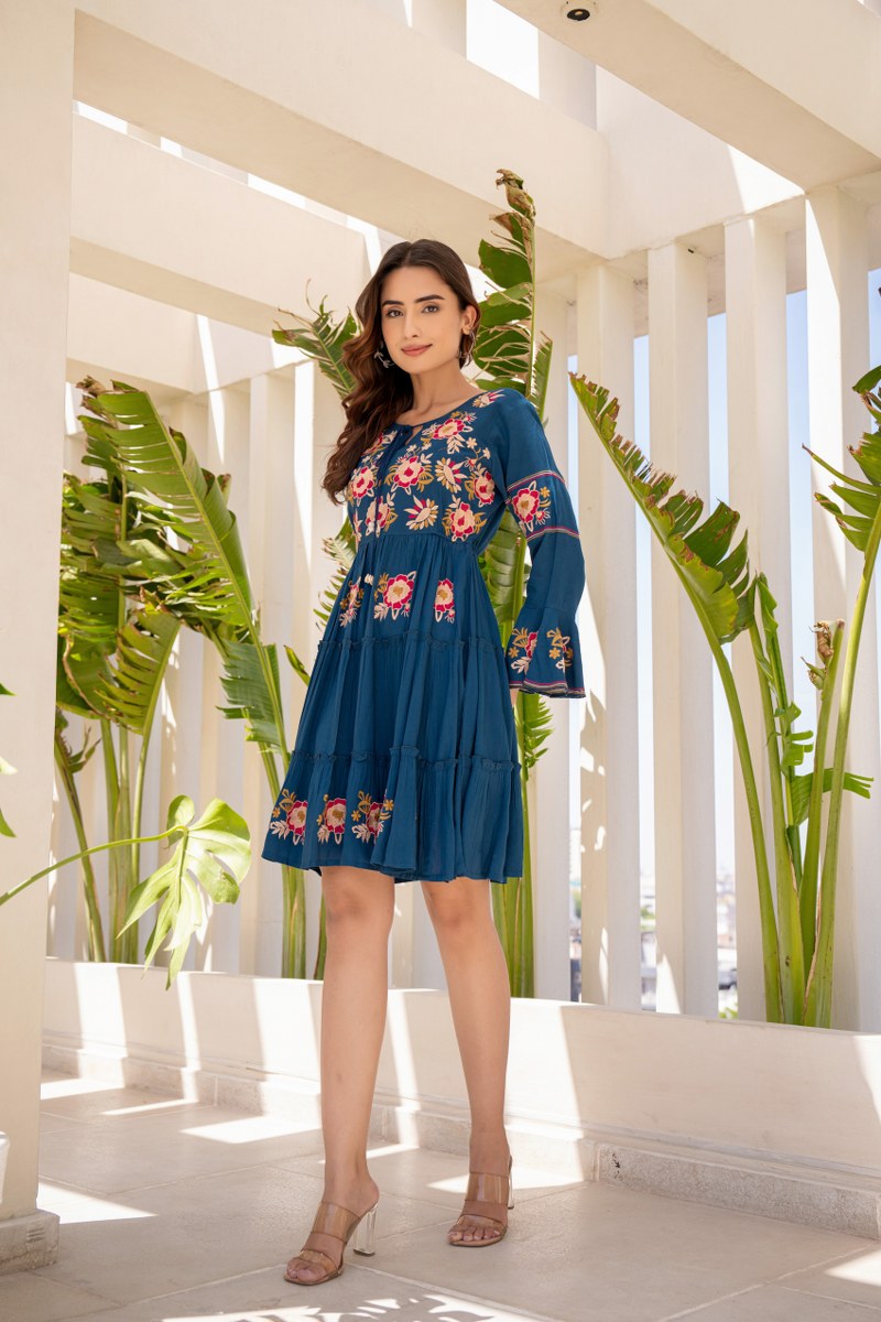 Rocky Glow:teal Blue Bell Sleeves Embroidered Tunic Dress image 4