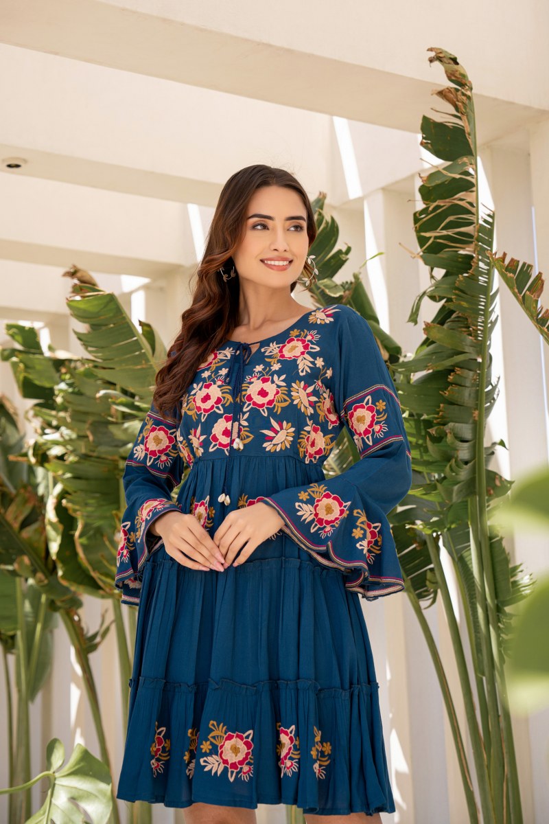 Rocky Glow:teal Blue Bell Sleeves Embroidered Tunic Dress image 6