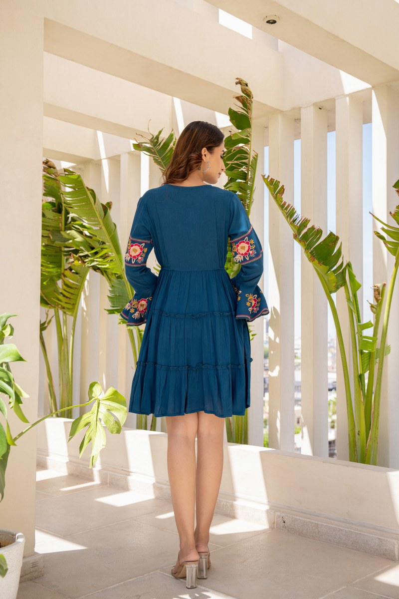 Rocky Glow:teal Blue Bell Sleeves Embroidered Tunic Dress image 8