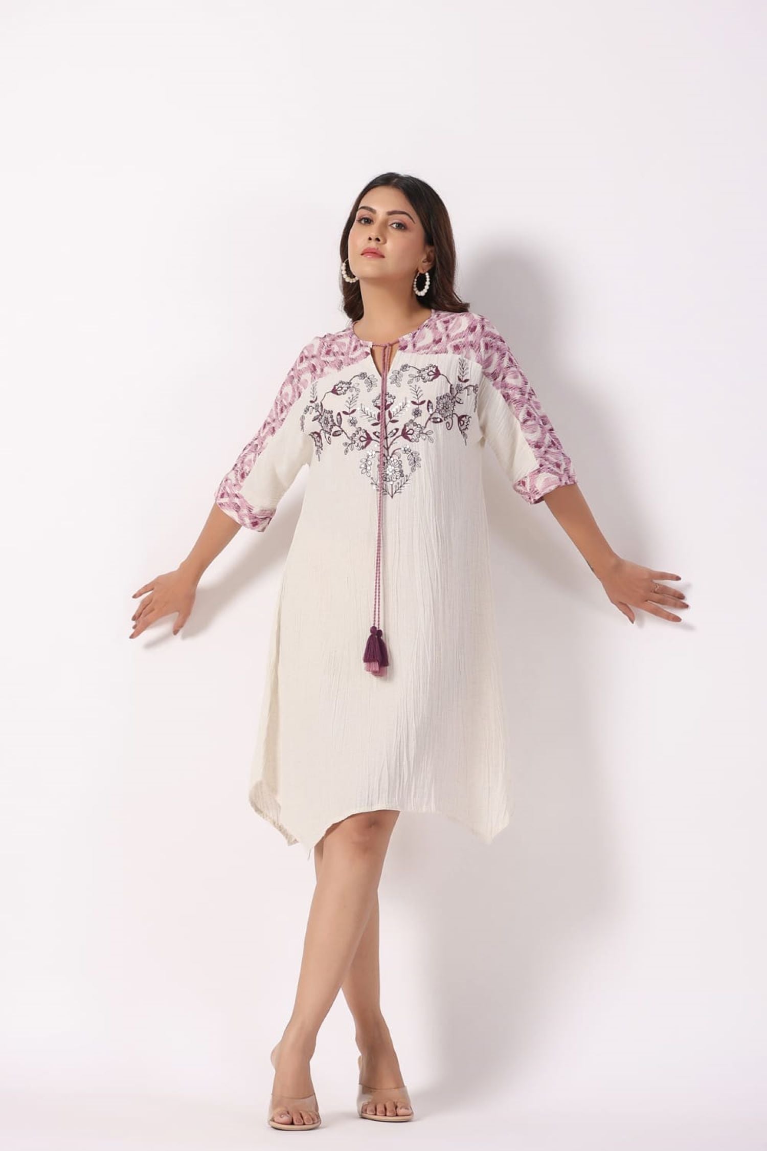 Boho Chic A-line Purple Embroidered Floral Short Tunic Dress image 3