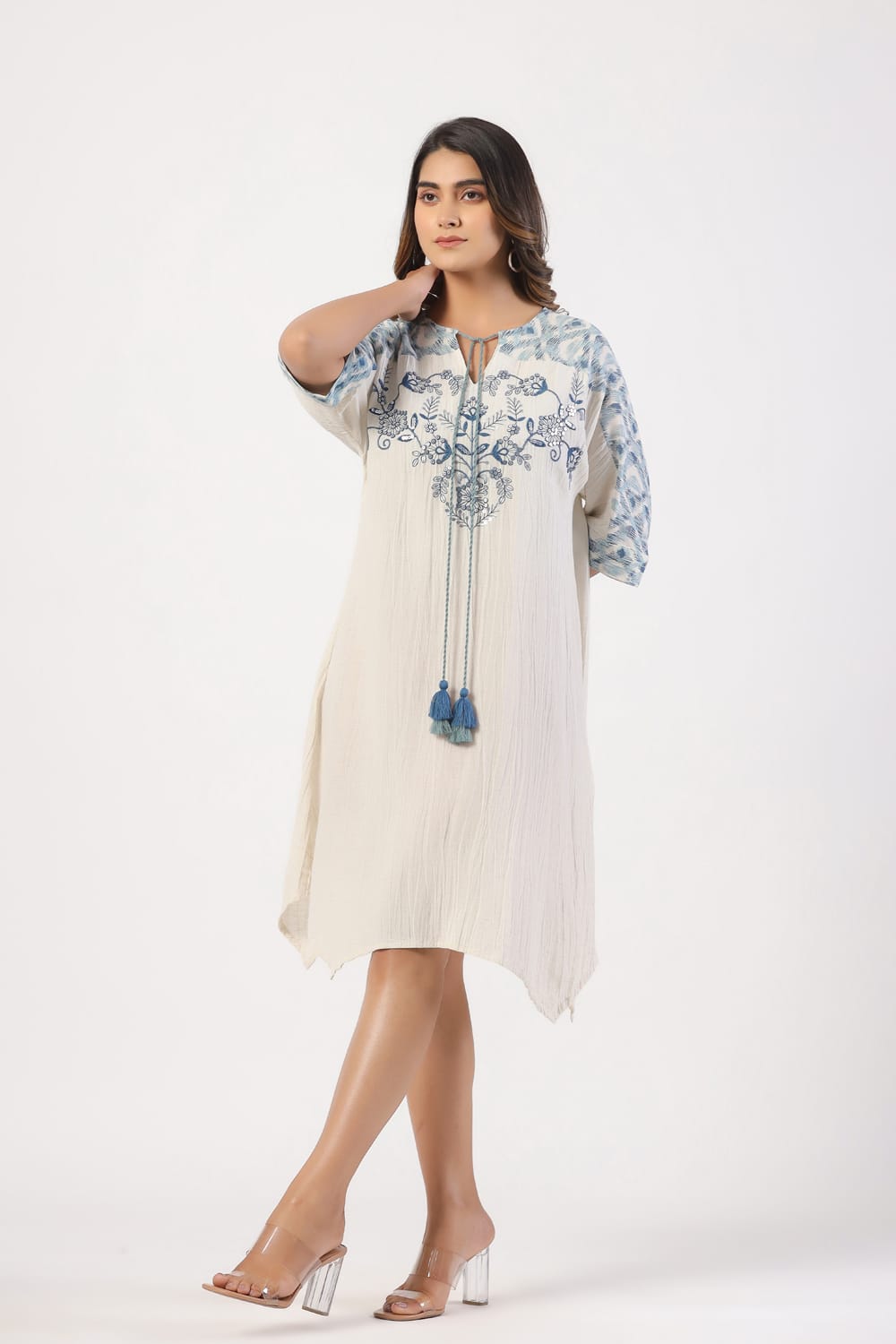 Boho Chic A-line Blue Embroidered Floral Short Tunic Dress image 3