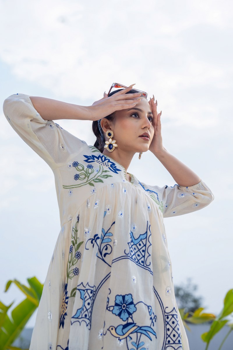 White Party Tunic Dress: Ivory Blue Threadwork Dress image 5