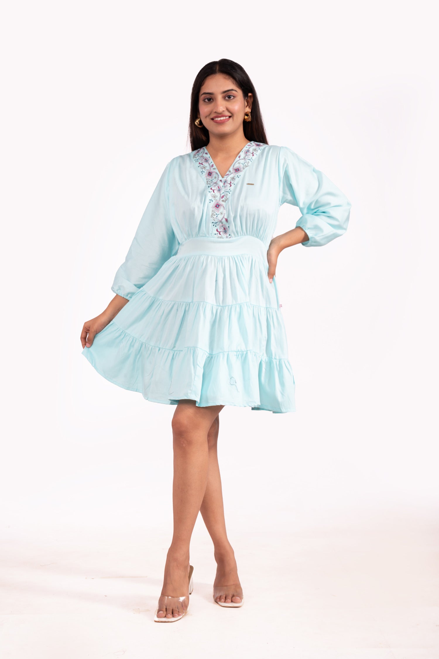Gazi Silk V Neck Embroidered Tunics - Sea Green image 5