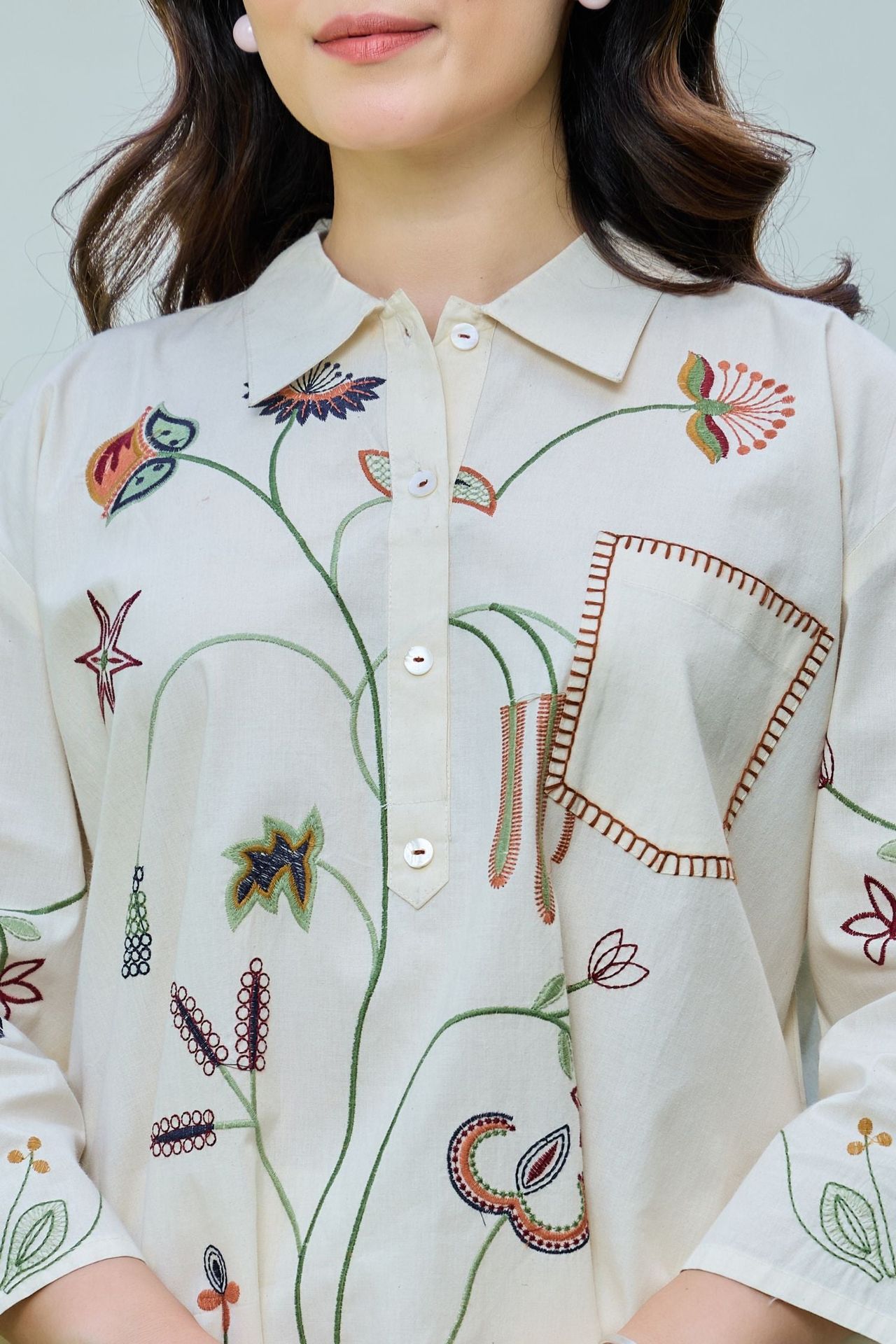 Floral Muse Hand-embroidered Cotton Coord With Collar image 6