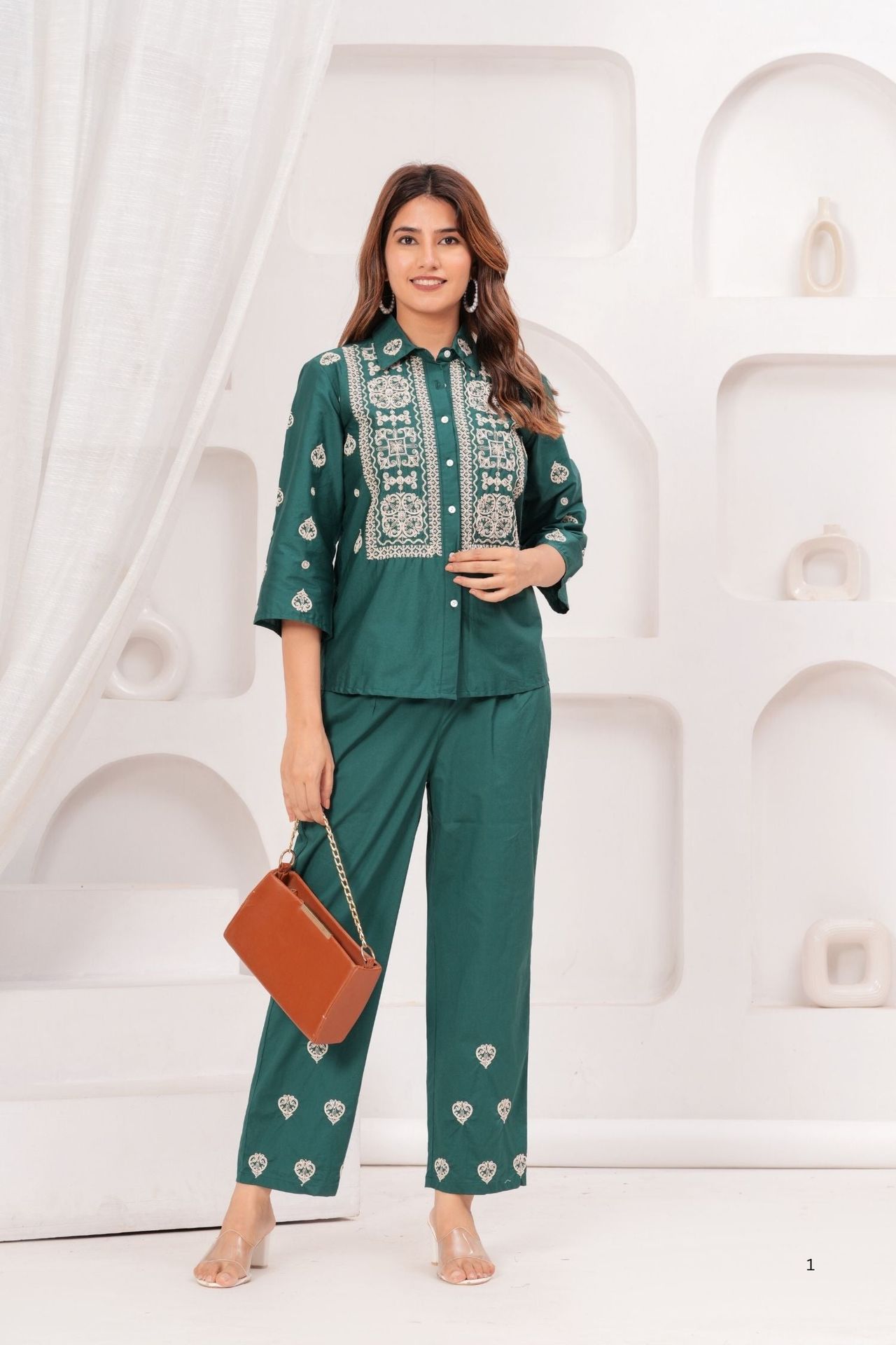 Elegant Green Co-ord Set With Beautiful Embroidery On Top & Pants image 6