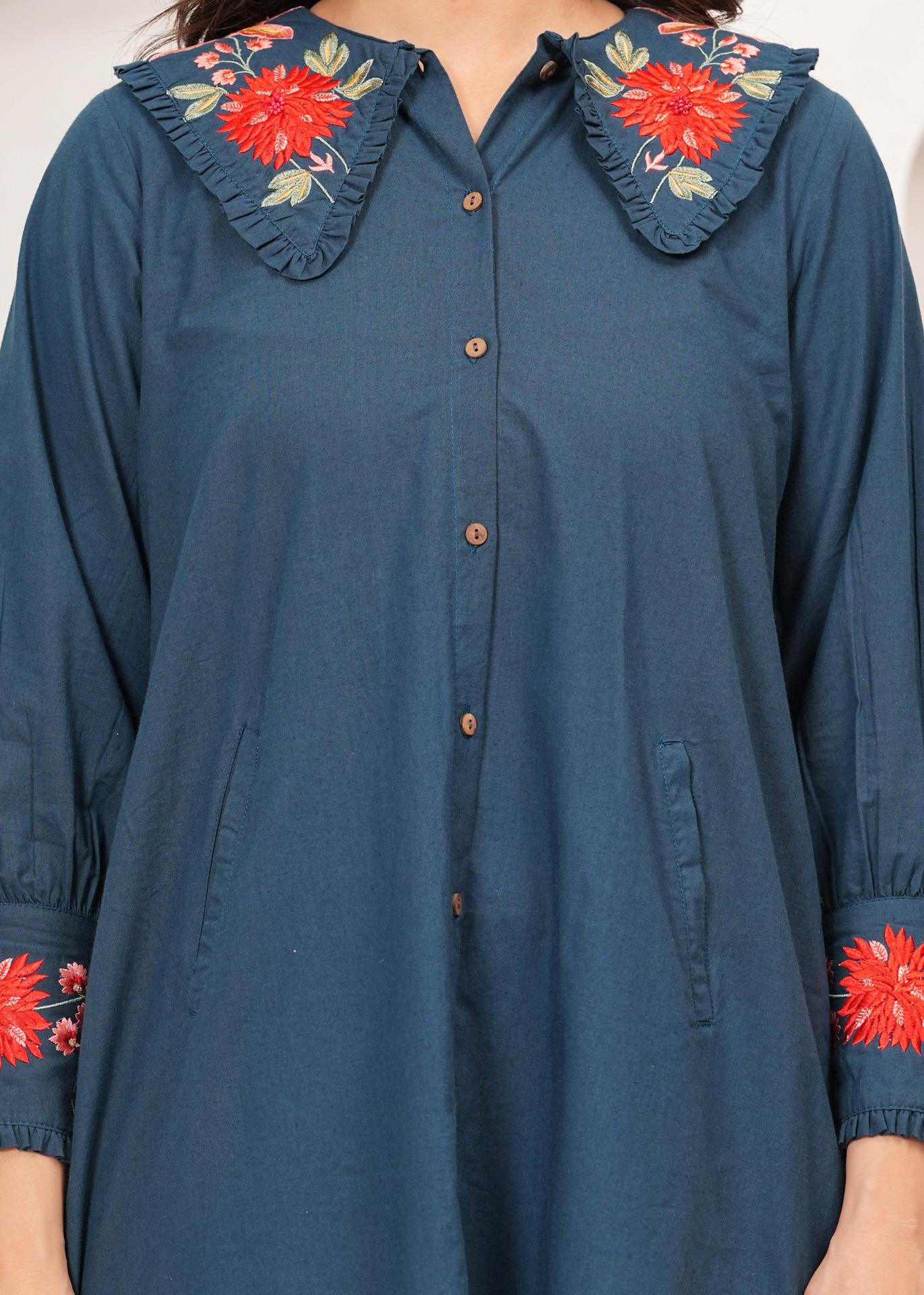 Freyaa Teal Tunic Dress With Floral Embroidery And Chic Collar image 6