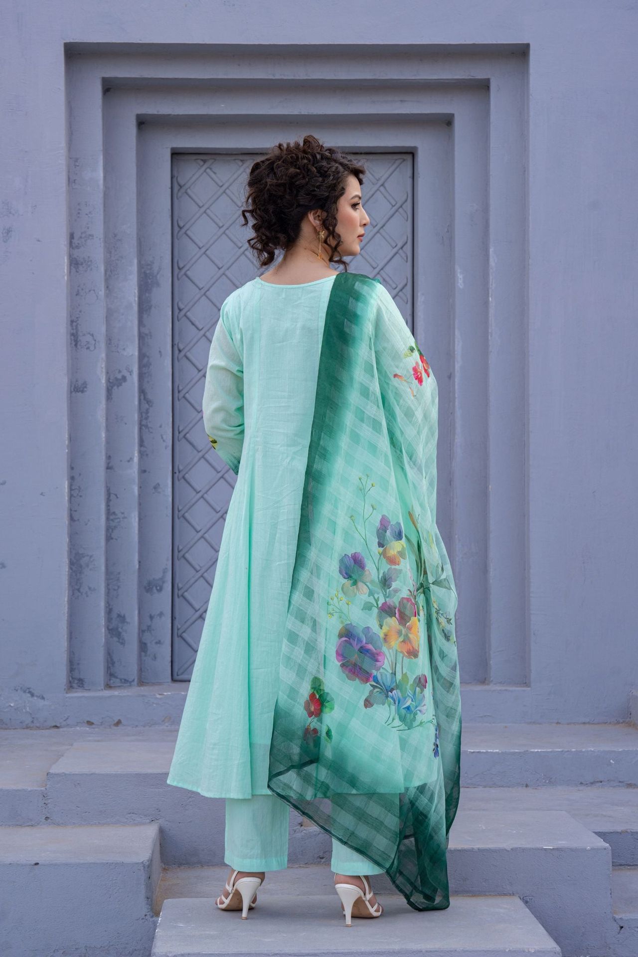 Green Petal Print Dupatta Set image 6