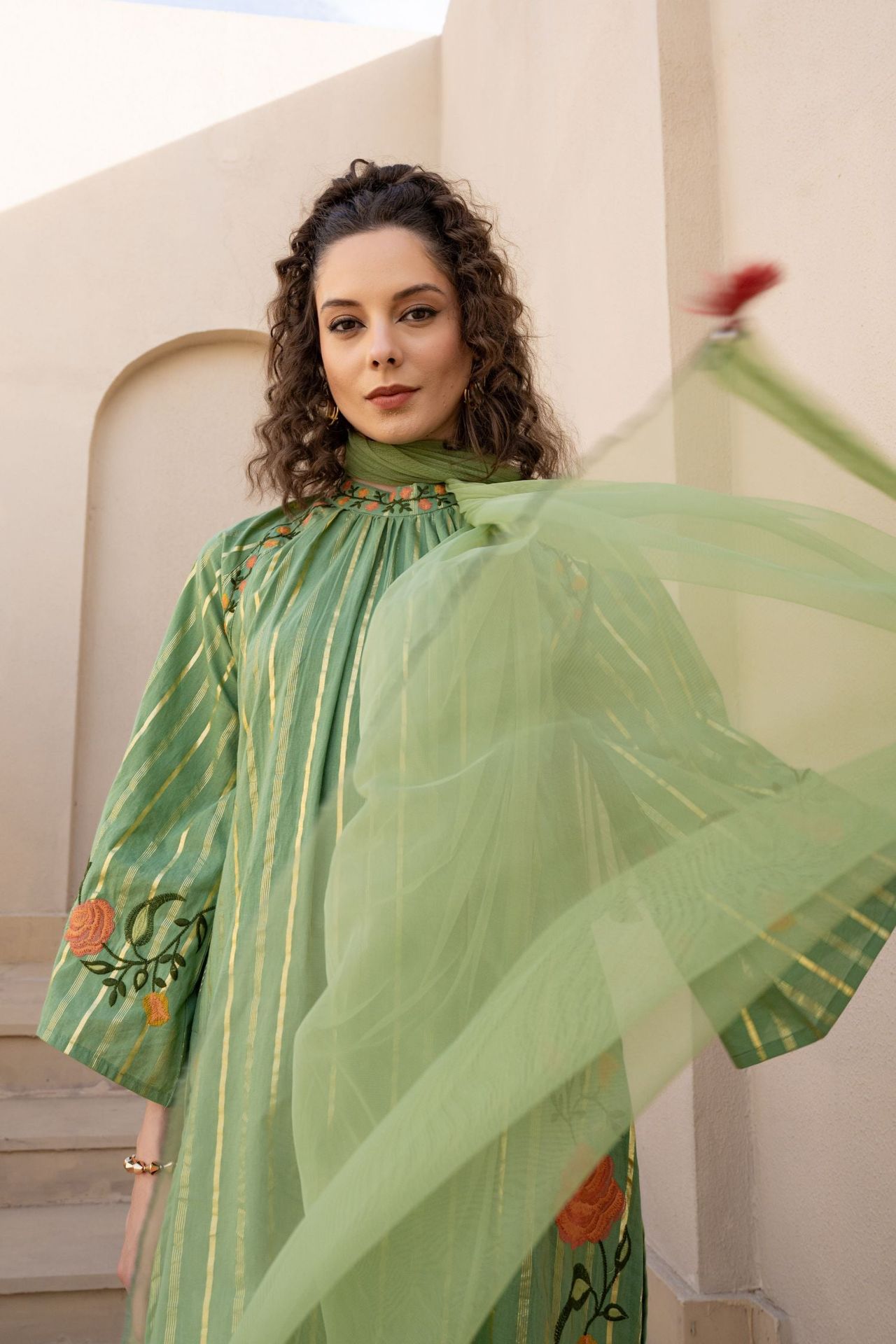 Three-piece Suit With Intricate Floral Embroidery In Pista Green Color image 5