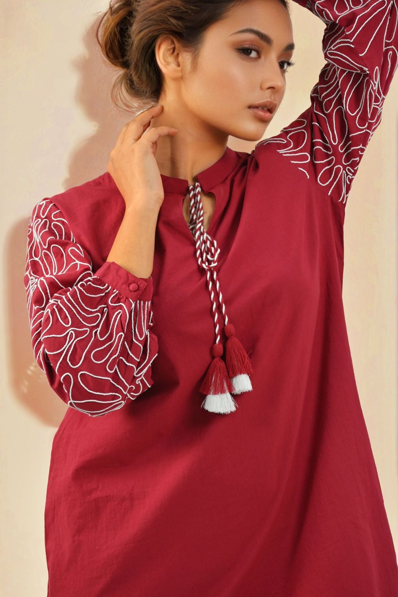 Solid Red Cord Set With Sleeve & Bottom Detail image 3