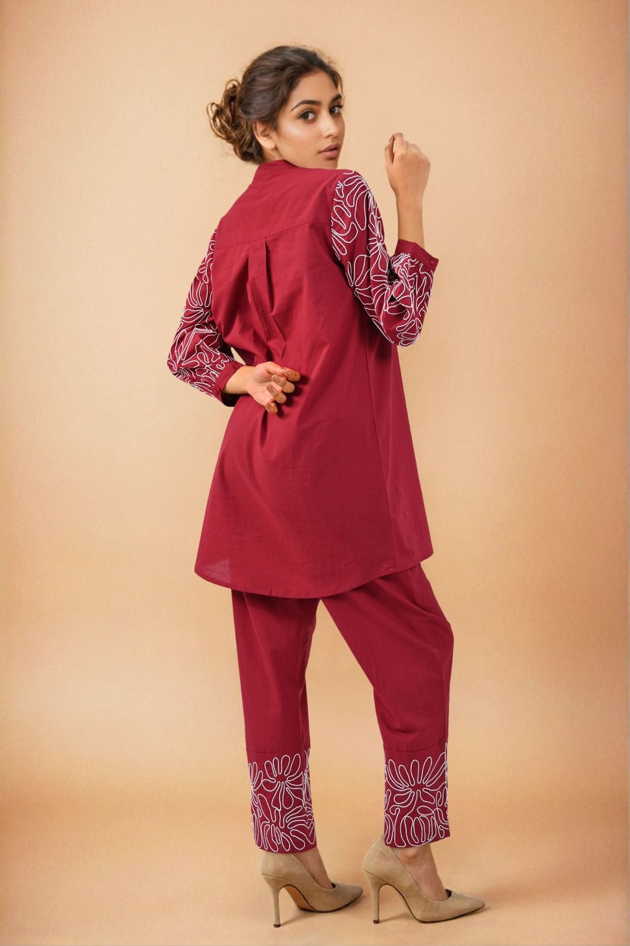 Solid Red Cord Set With Sleeve & Bottom Detail image 5