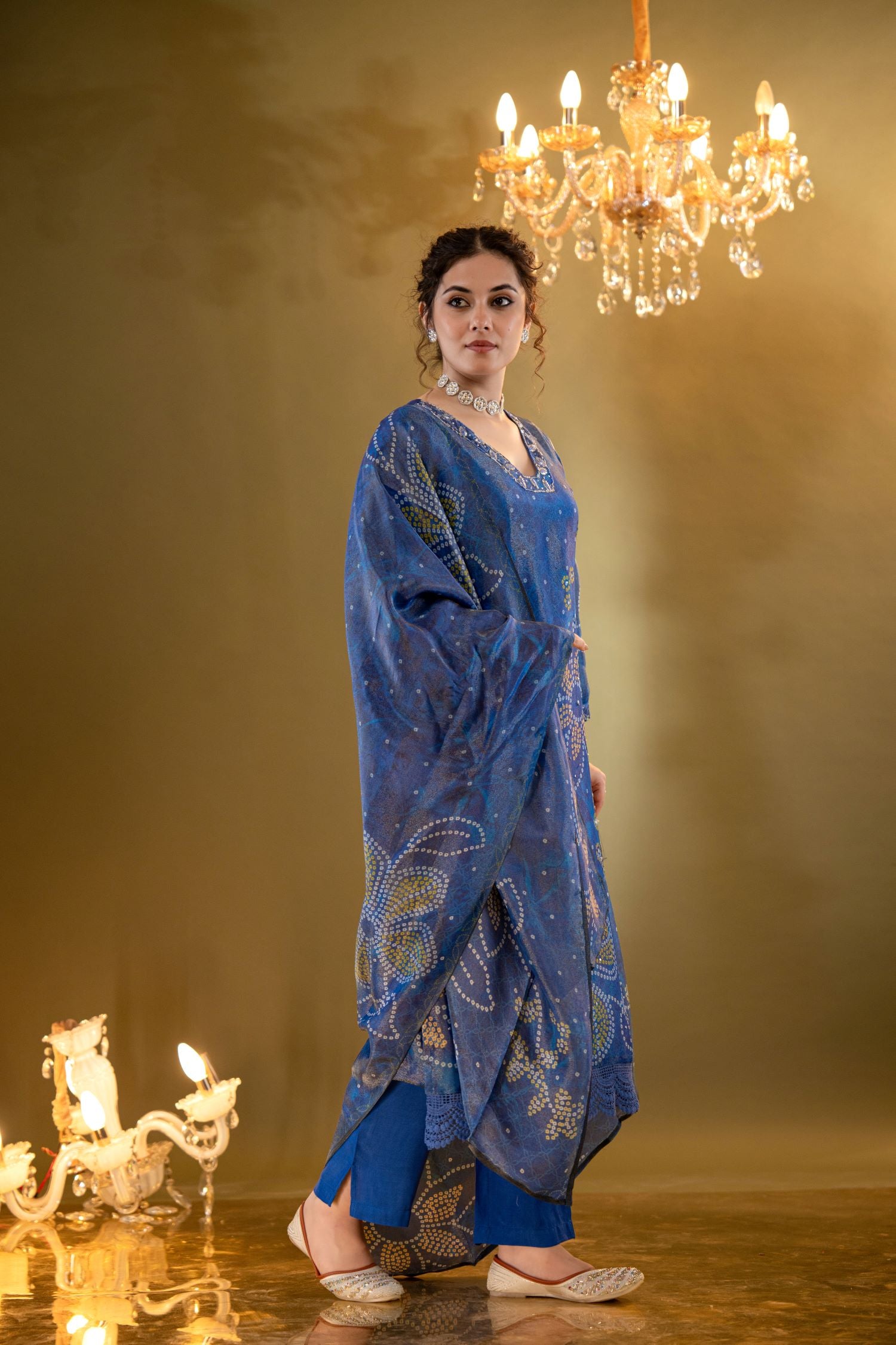 Elegant Red A-line Kurta Set With Embroidered Neck And Floral Bandhani Print image 4