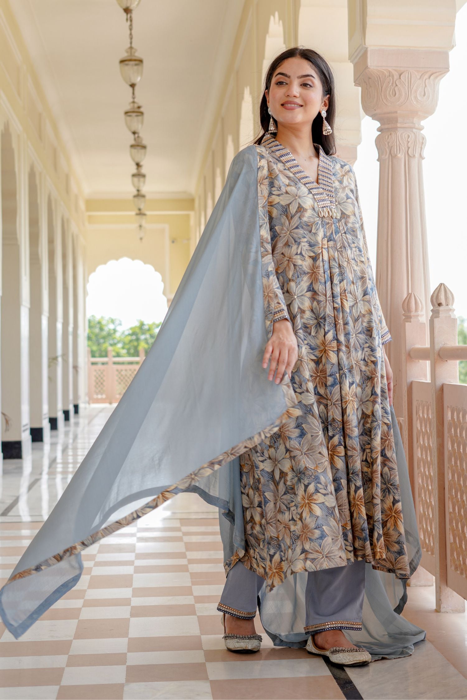 Embroidered V-neck Printed A-line Kurta Set image 4
