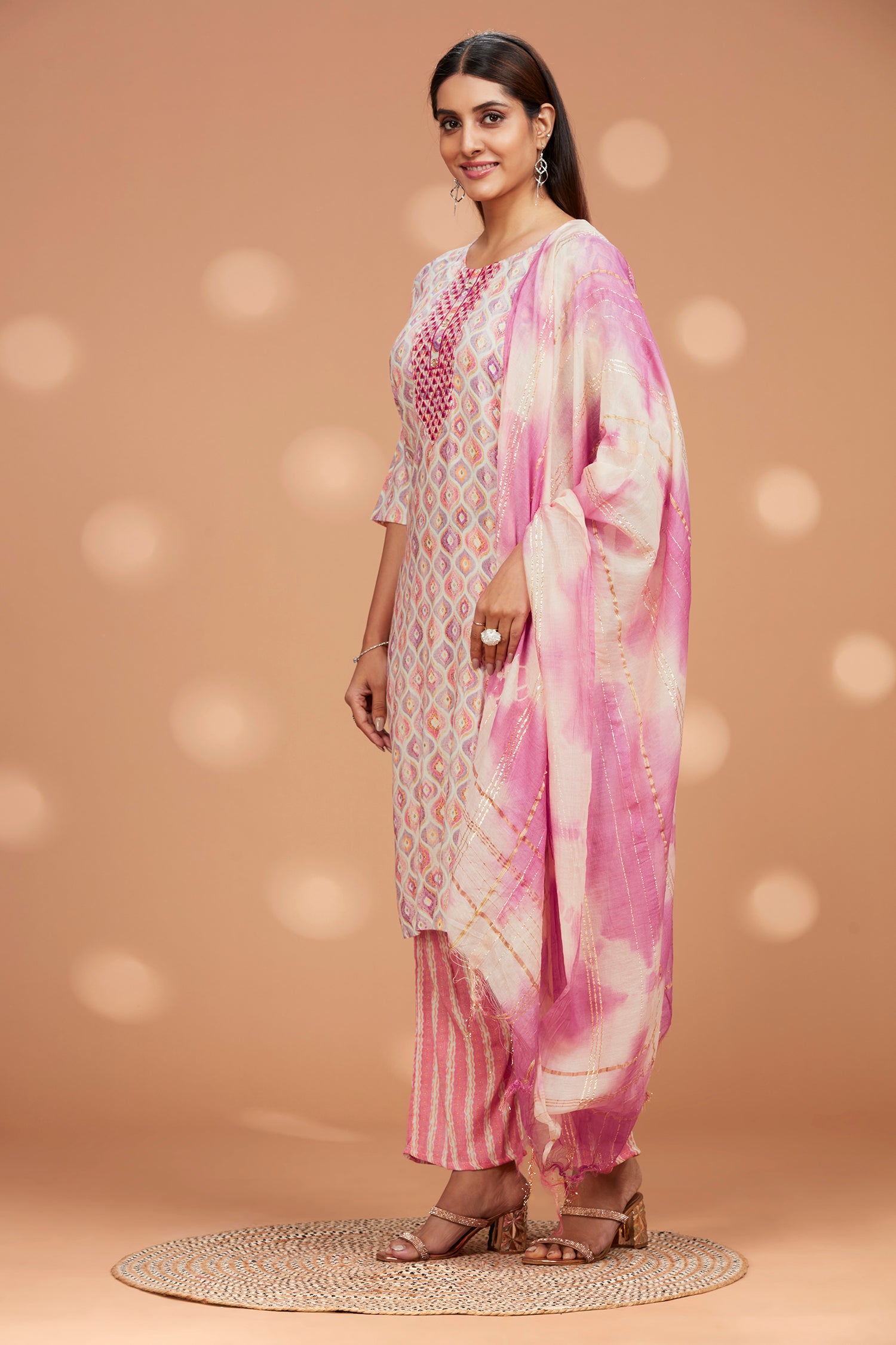 Printed Straight Fit Embroidered Kurta With Palazzo Pant & Tie-die Duppatta - Pink image 4