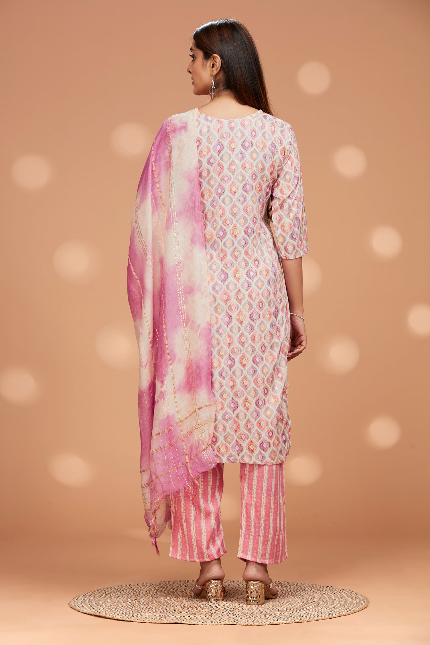 Printed Straight Fit Embroidered Kurta With Palazzo Pant & Tie-die Duppatta - Pink image 6