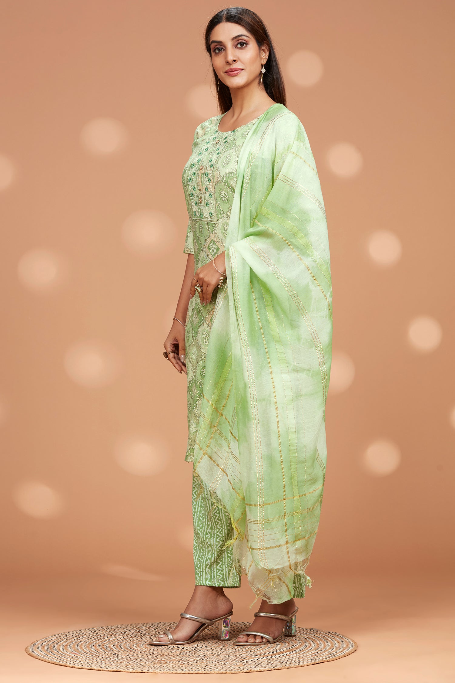Printed Straight Fit Embroidered Kurta With Palazzo Pant & Tie-die Duppatta - Light Green image 4
