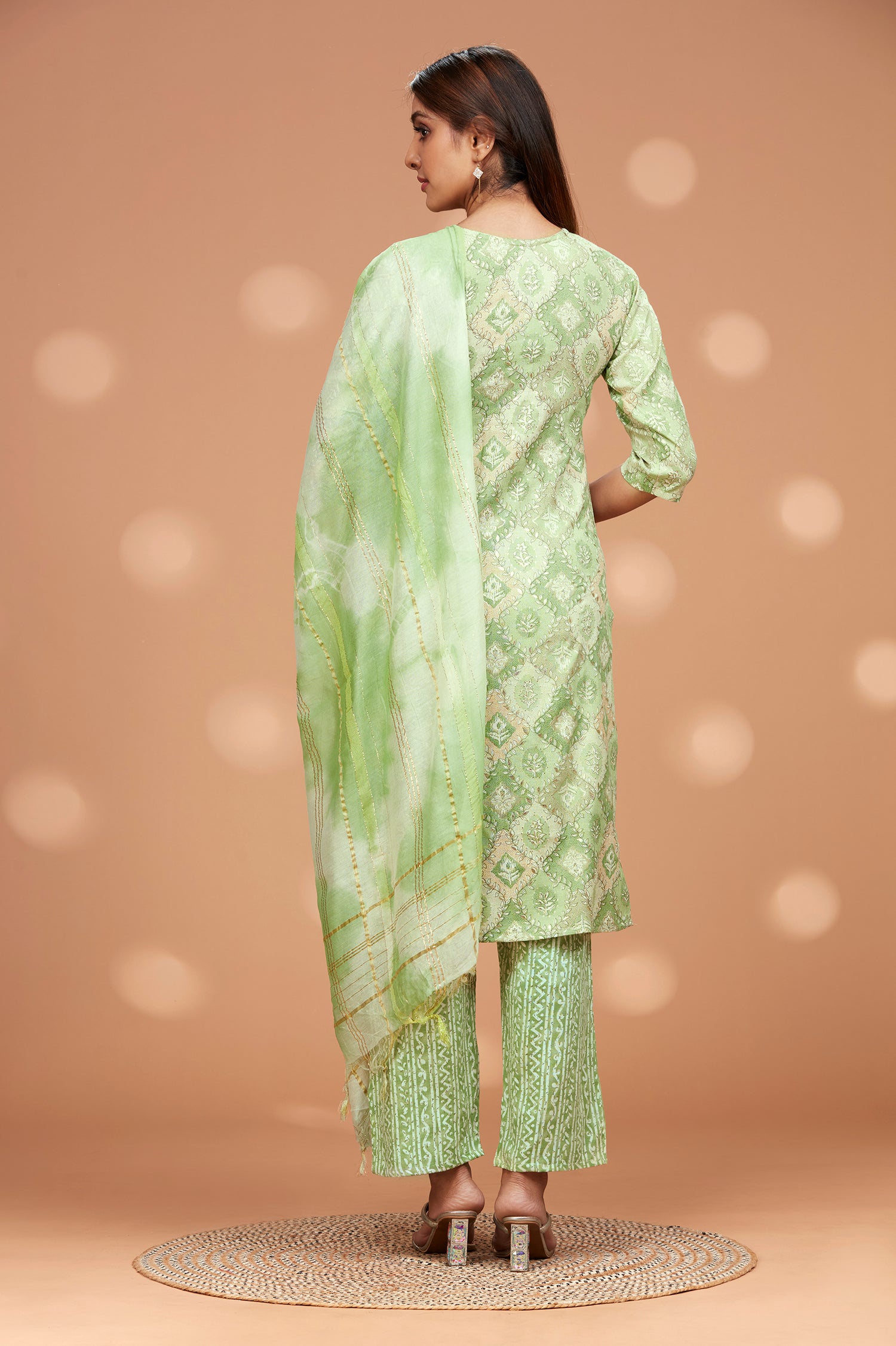 Printed Straight Fit Embroidered Kurta With Palazzo Pant & Tie-die Duppatta - Light Green image 6