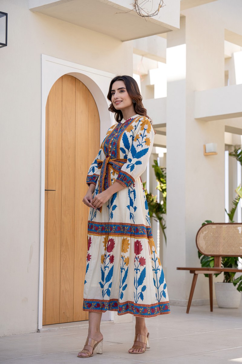 Cotton Printed Long Dress With Belt image 5