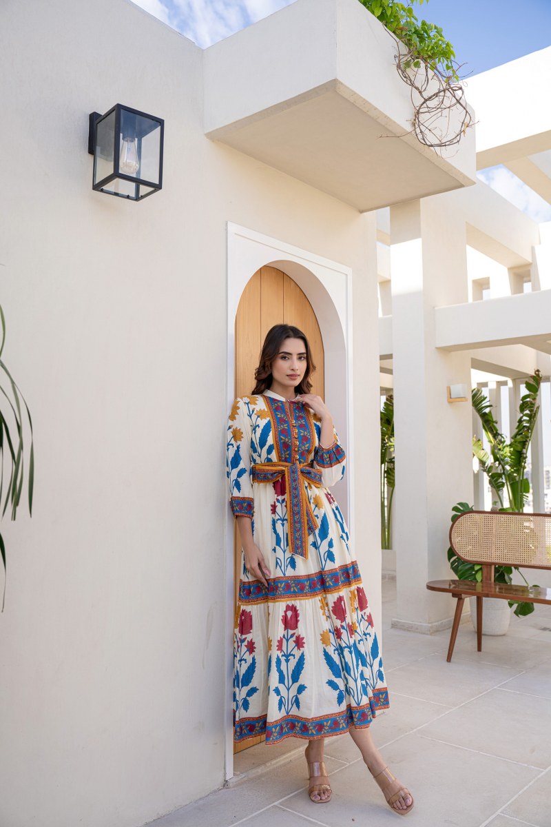 Cotton Printed Long Dress With Belt image 7