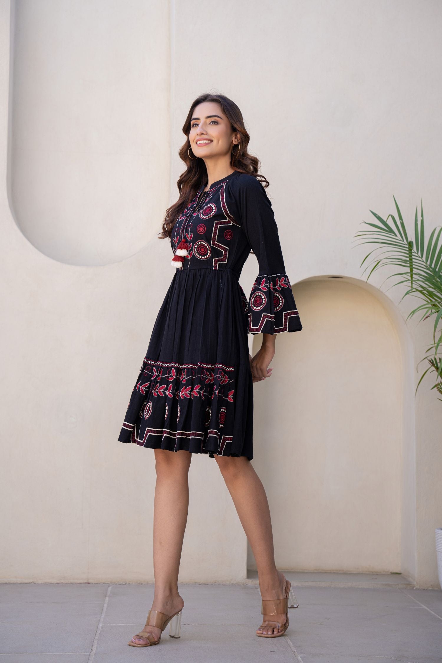 Bell Sleeves Fit & Flare Short Tunic Dress With Tie-up Neck image 4