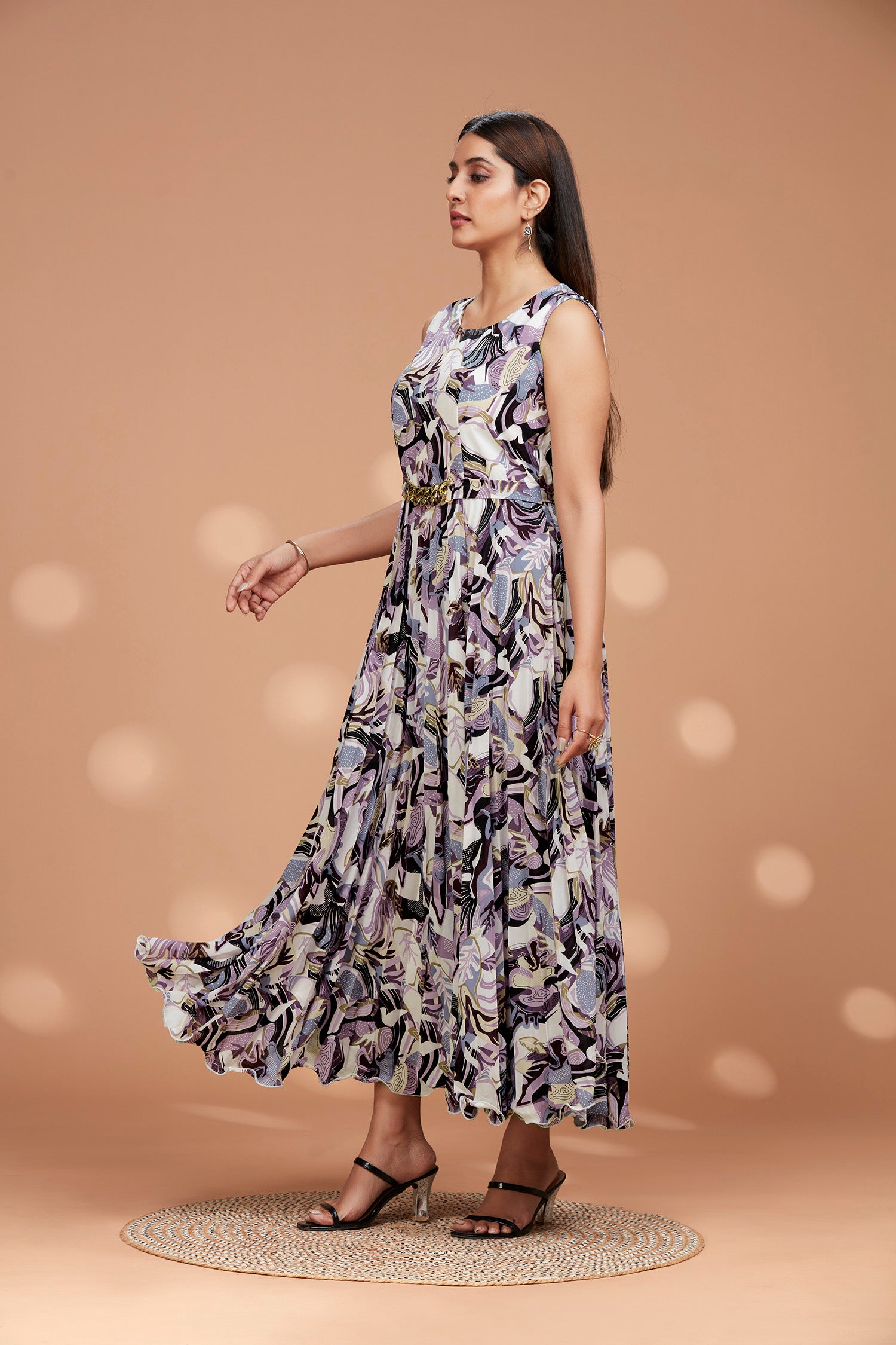 Pleated Sleeveless Gown With Metal Waist Belt image 4