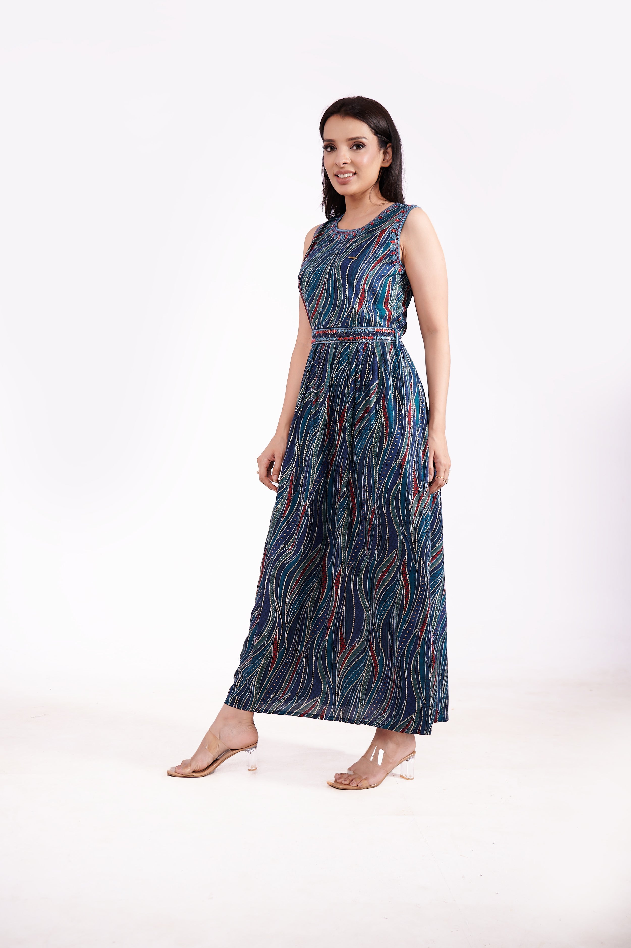 Rayon Sleeveless Foil Print Ethnic Dress image 4