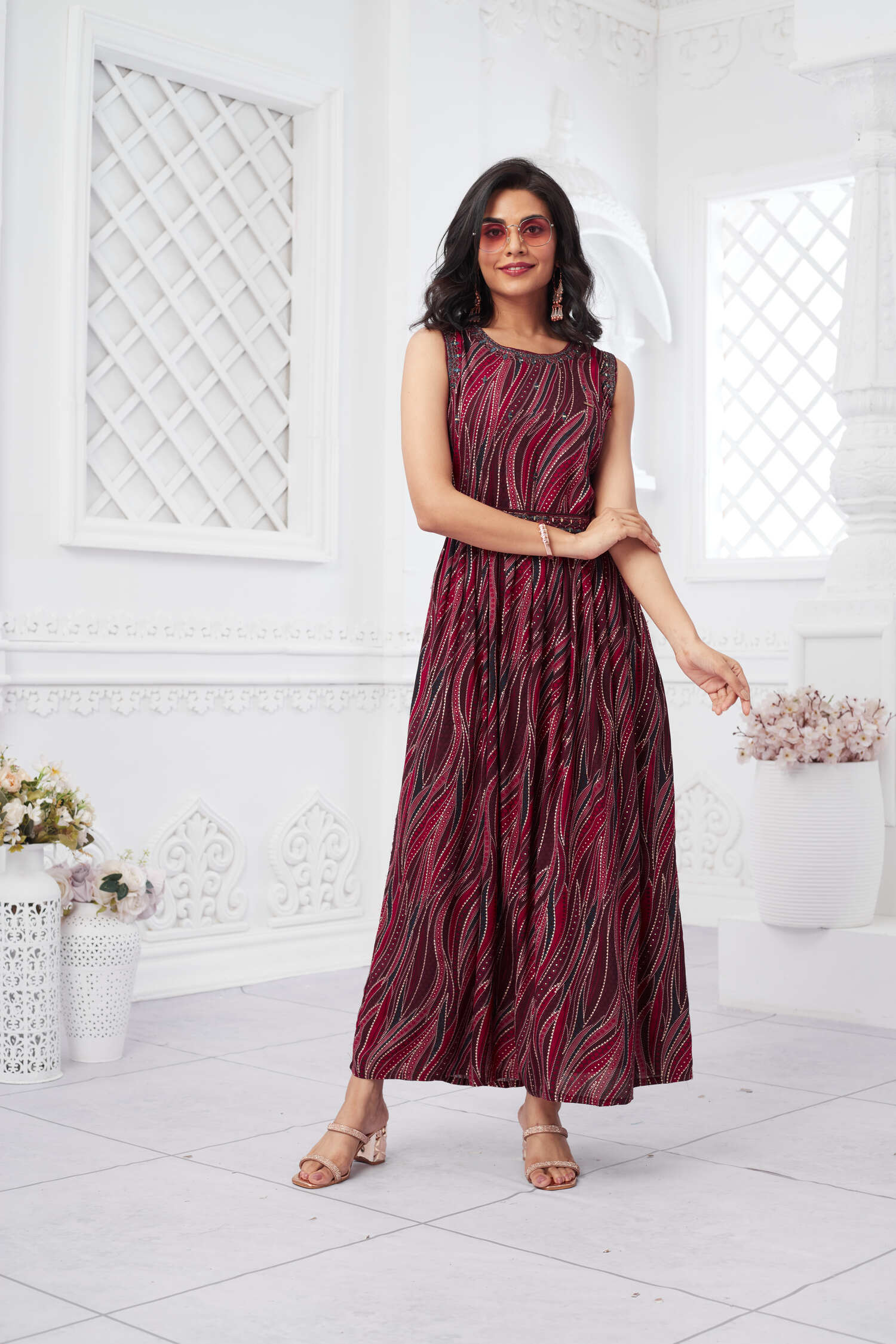 Rayon Sleeveless Foil Print Ethnic Dress - Maroon image 6