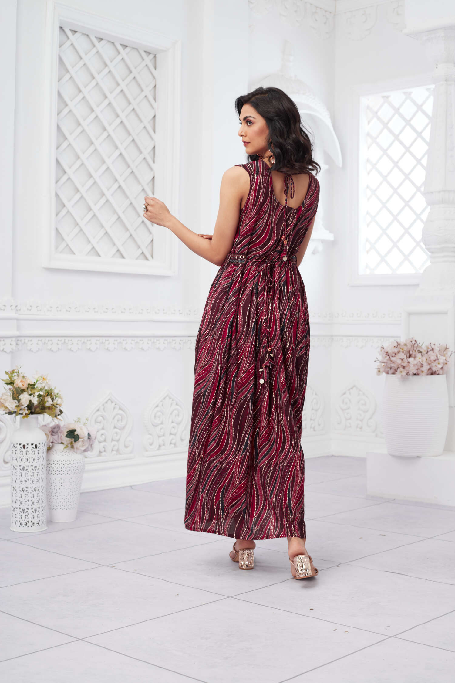 Rayon Sleeveless Foil Print Ethnic Dress - Maroon image 9