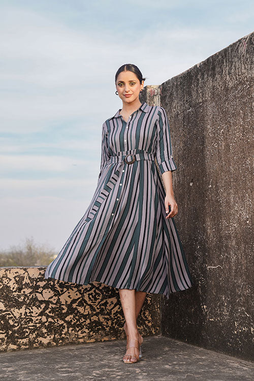 Formal Wear Stripped Collared Midi Dress With Belt - Grey image 5