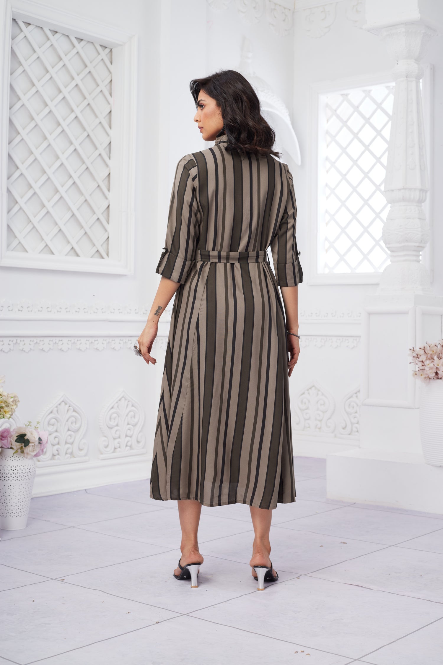 Formal Wear Stripped Collared Midi Dress With Belt - Brown image 4