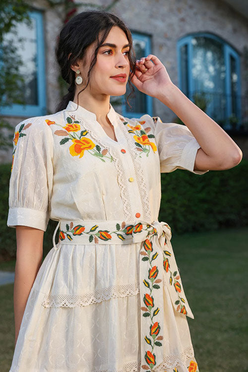 Cotton Embroidered Tunic Dress With Embroidered Belt image 6