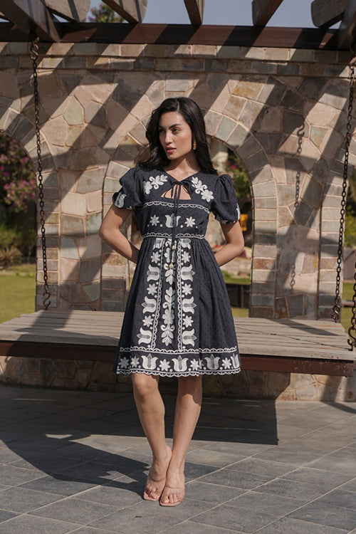 Cotton Embroidered Short Sleeves Tunic Dress - Black image 5
