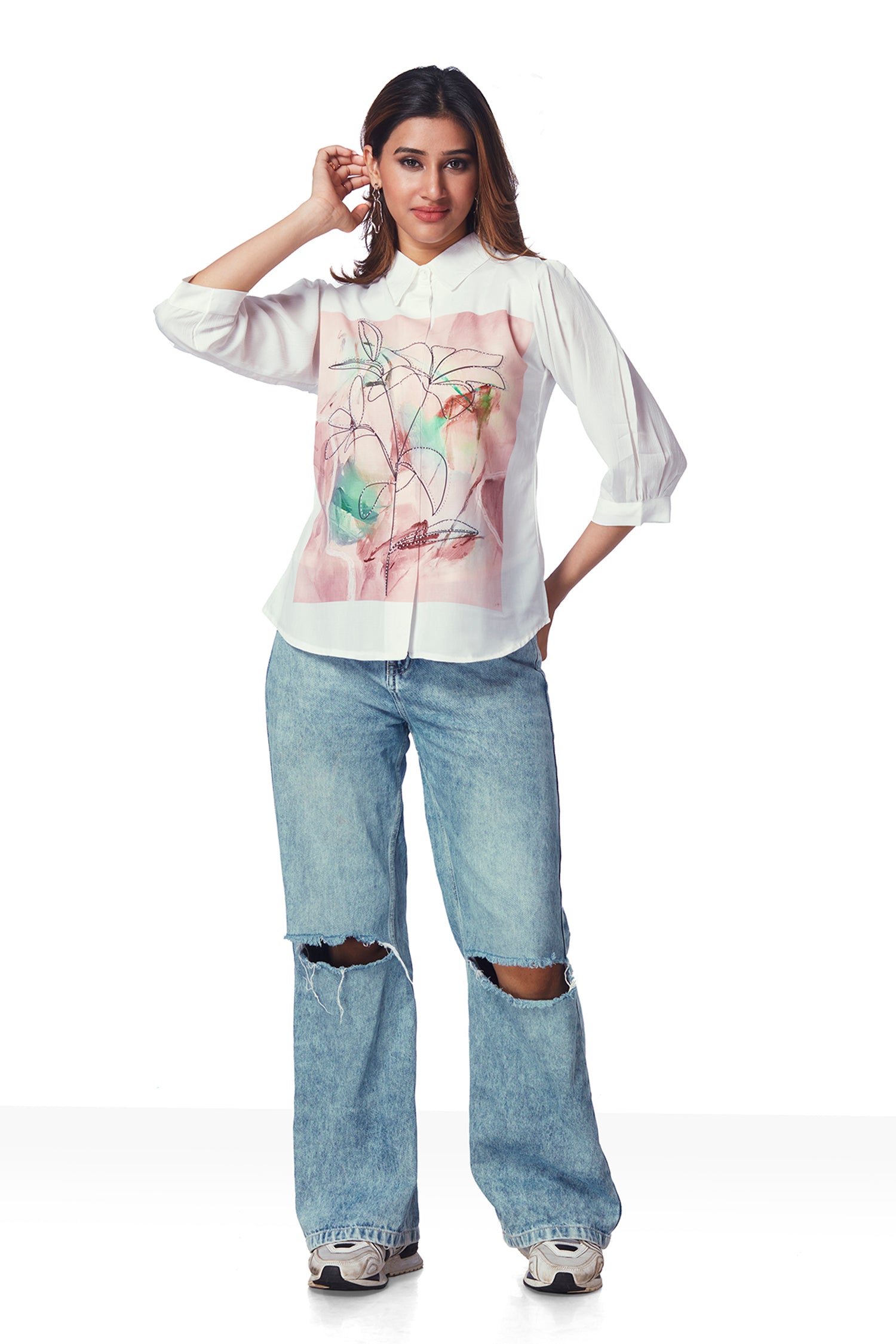 White Shirt With Marble Print And Shimmer Work image 6