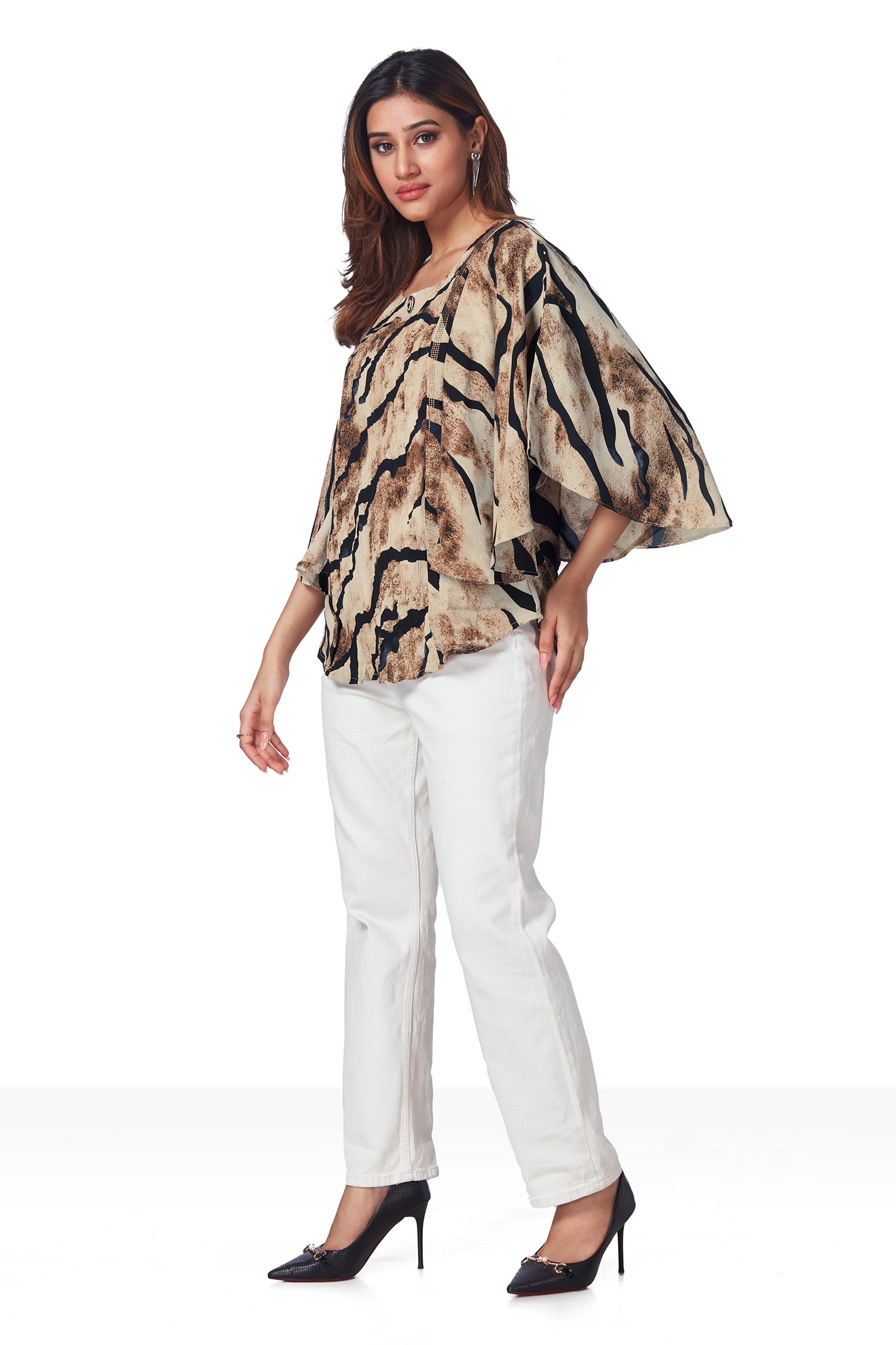 Partywear Kaftan Style Printed Top - Chikoo image 4