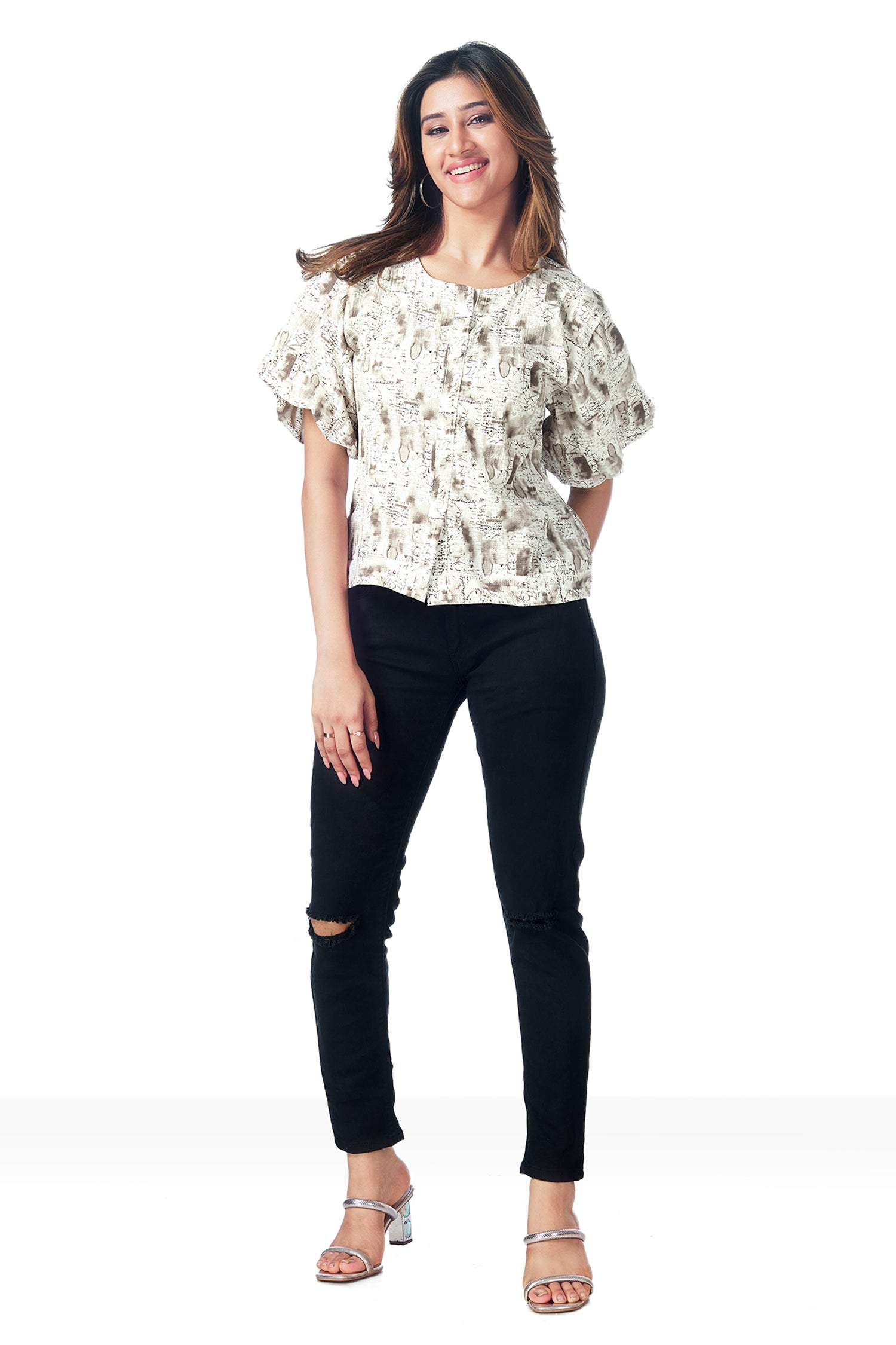 Causal Printed Balloon Sleeves Crop Top - Brown image 5