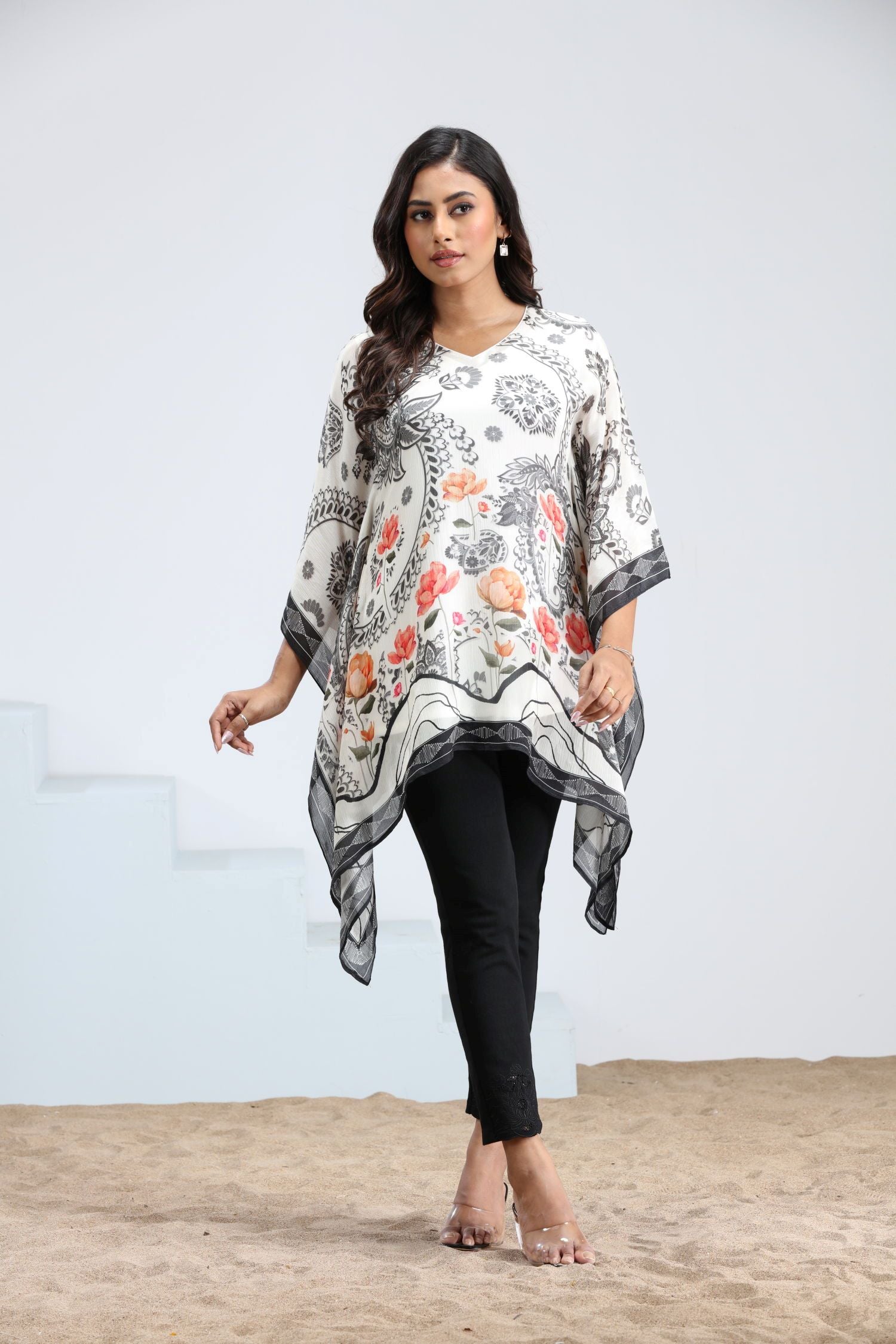 Trendy Cream Short Kaftan With Multicolor Floral Design image 4