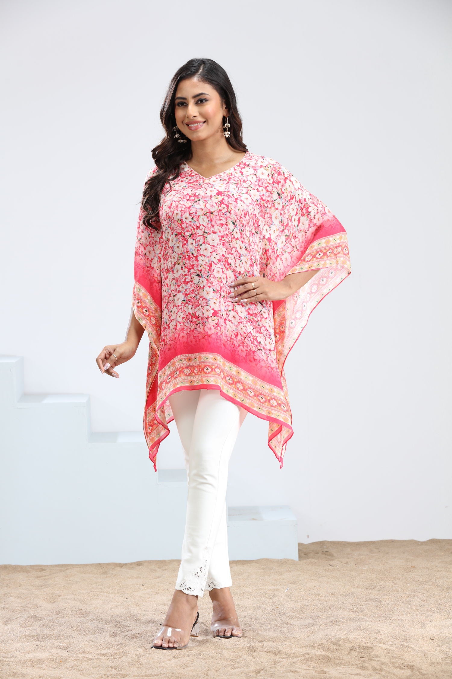 Alluring Pink Floral Short Kaftan image 4